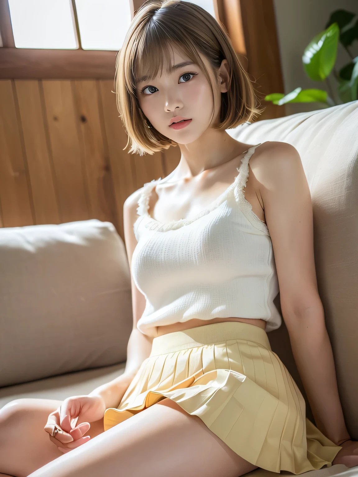 extremely detailed CG unity 8k wallpaper, best quality, ultra-detailed, masterpiece, realistic, photo realistic, extremely detailed cute girl, 21 years old, (skirt lift), ((skirt lift by herself)), white panties , panties focus, blush, camel toe, parted lips, looking at viewer , half body shot , wearing sleeveless shirt , (crowd), (crowded restaurant) , short bob cut