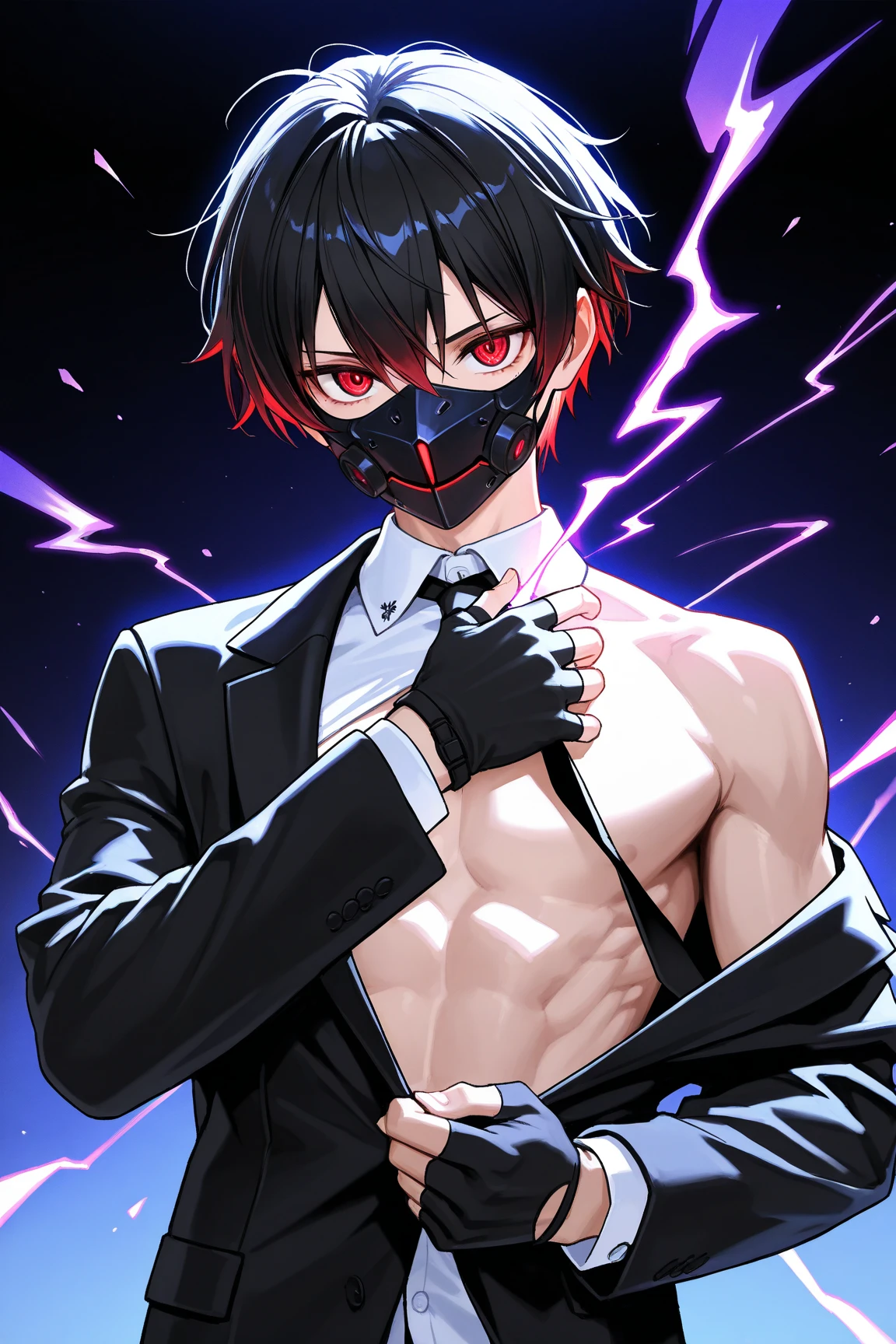 anime hellraiser cenobite male ,view up from floor , sharp teeth , one eye patch , short brown hair