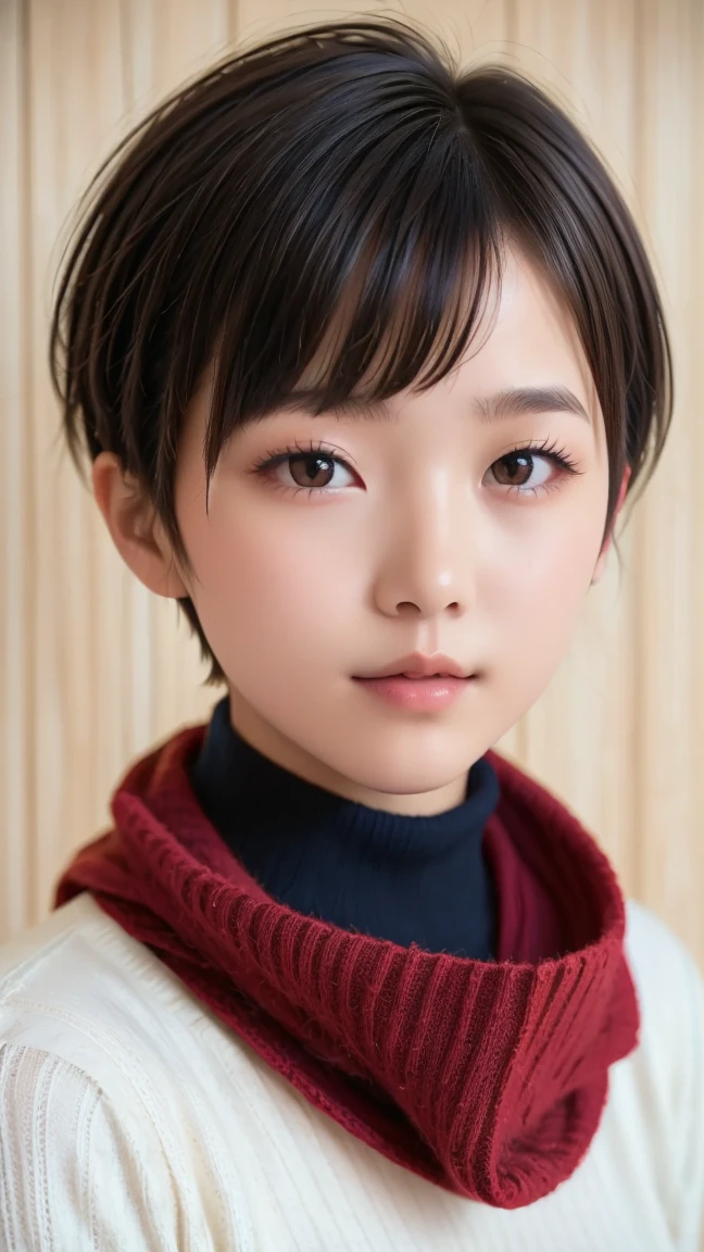 8K, ultra-realistic, highly detailed, photo-like. Natural cinematic lighting, soft shadows, lifelike skin texture, shallow depth of field.
A Japanese high school girl with (((black pixie-cut hair))), wearing a (((navy turtleneck sweater))) and a (((red scarf))). Looking directly at the camera with a calm, natural expression. Youthful skin and realistic facial features. Chest-up portrait from the front. The background is a softly blurred classroom or school exterior. (((Fully clothed))) (((Age-appropriate natural face))) (((No excessive beautification))) (((Clean and warm winter clothing)))