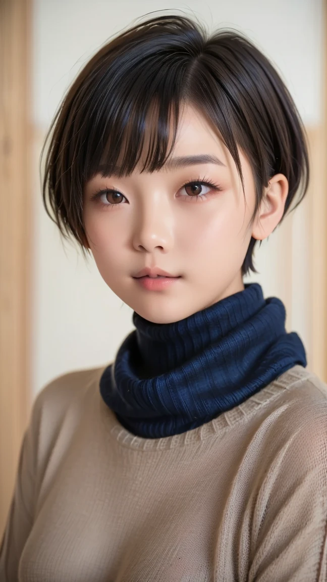 8K, ultra-realistic, highly detailed, photo-like. Natural cinematic lighting, soft shadows, lifelike skin texture, shallow depth of field.
A Japanese high school girl with (((black pixie-cut hair))), wearing a (((navy turtleneck sweater))) and a (((red scarf))). Looking directly at the camera with a calm, natural expression. Youthful skin and realistic facial features. Chest-up portrait from the front. The background is a softly blurred classroom or school exterior. (((Fully clothed))) (((Age-appropriate natural face))) (((No excessive beautification))) (((Clean and warm winter clothing)))