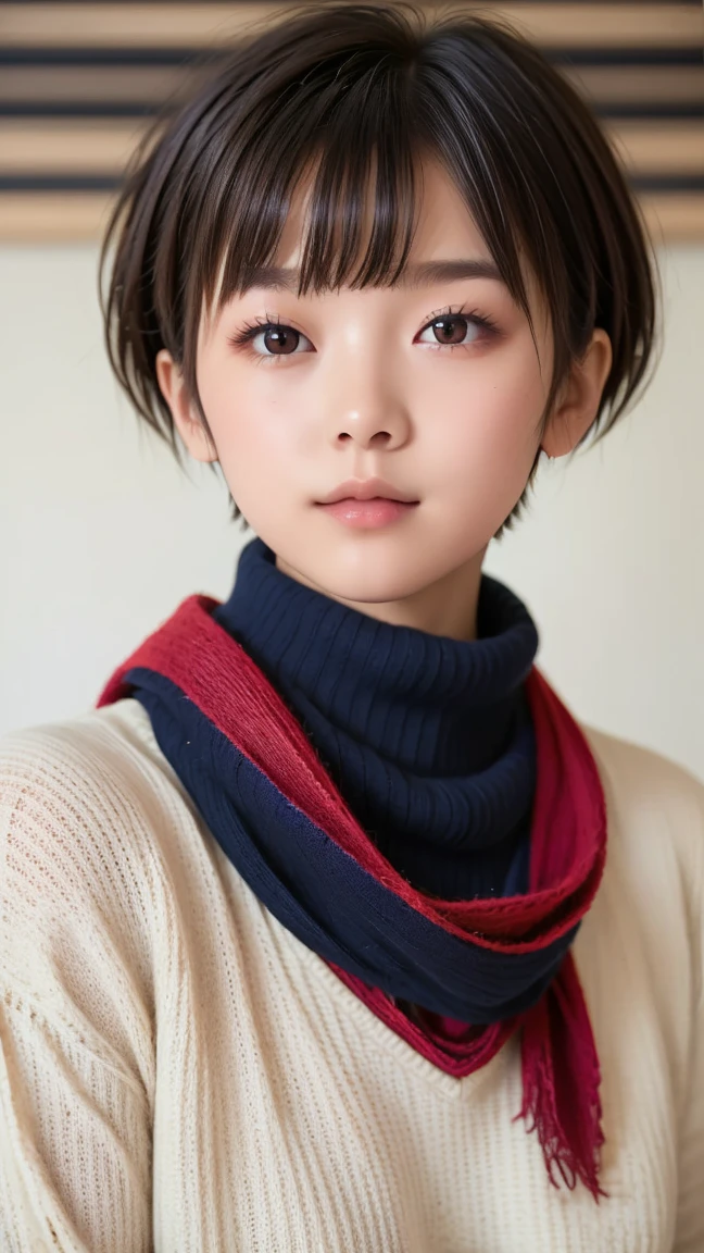 8K, ultra-realistic, highly detailed, photo-like. Natural cinematic lighting, soft shadows, lifelike skin texture, shallow depth of field.
A Japanese high school girl with (((black pixie-cut hair))), wearing a (((navy turtleneck sweater))) and a (((red scarf))). Looking directly at the camera with a calm, natural expression. Youthful skin and realistic facial features. Chest-up portrait from the front. The background is a softly blurred classroom or school exterior. (((Fully clothed))) (((Age-appropriate natural face))) (((No excessive beautification))) (((Clean and warm winter clothing)))