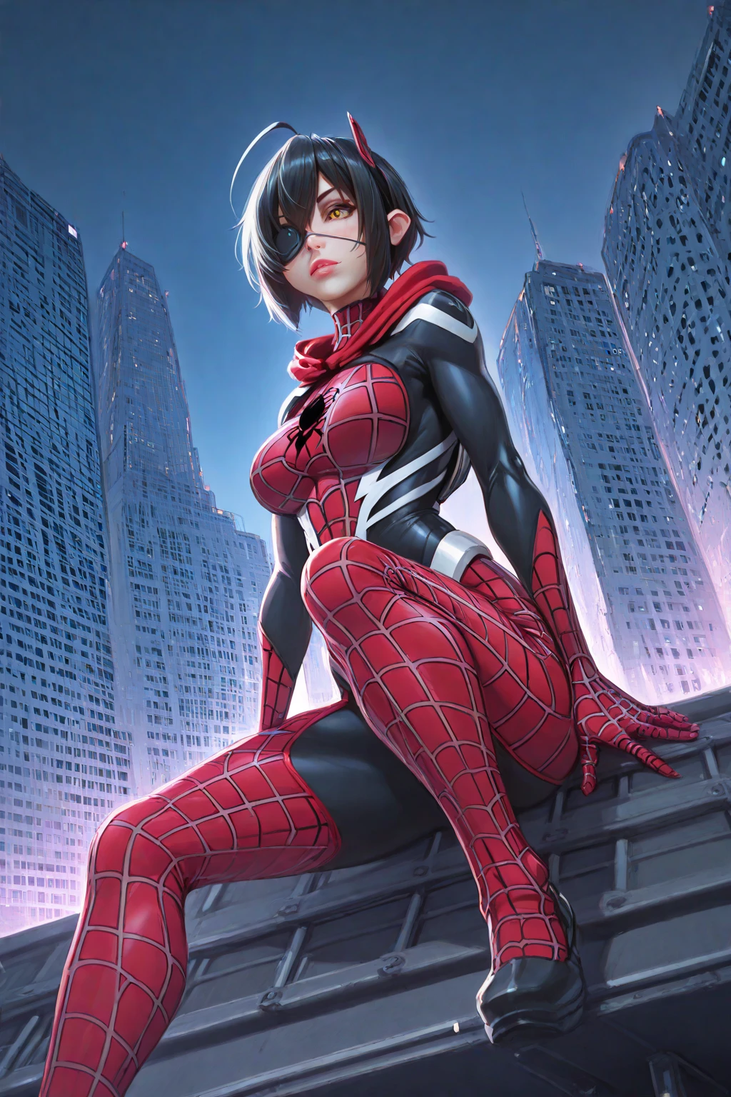 beautiful sexy girl, short brunette hair, purple eyes, Spider-Man 2099 costume, bright smile, cobweb, lightning, (best quality,4k,8k,highres,masterpiece:1.2),ultra-detailed,(realistic,photorealistic,photo-realistic:1.37),digital art, fantasy, dynamic pose
