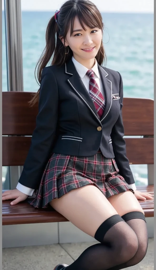 Top quality, high image, 1 woman, 18 years old, school stairs, black jacket, Medium breasts,white blouse,(plaid miniskirt), cotton panties,upskirt from below