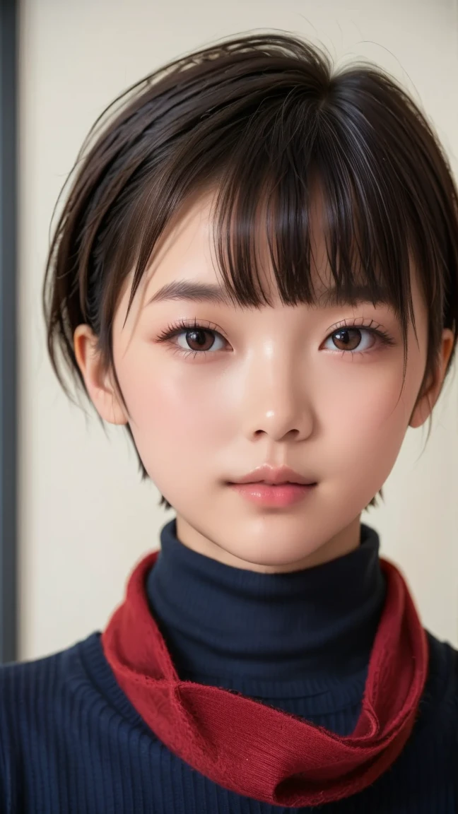 8K, ultra-realistic, highly detailed, photo-like. Natural cinematic lighting, soft shadows, lifelike skin texture, shallow depth of field.
A Japanese high school girl with (((black pixie-cut hair))), wearing a (((navy turtleneck sweater))) and a (((red scarf))). Looking directly at the camera with a calm, natural expression. Youthful skin and realistic facial features. Chest-up portrait from the front. The background is a softly blurred classroom or school exterior. (((Fully clothed))) (((Age-appropriate natural face))) (((No excessive beautification))) (((Clean and warm winter clothing)))
