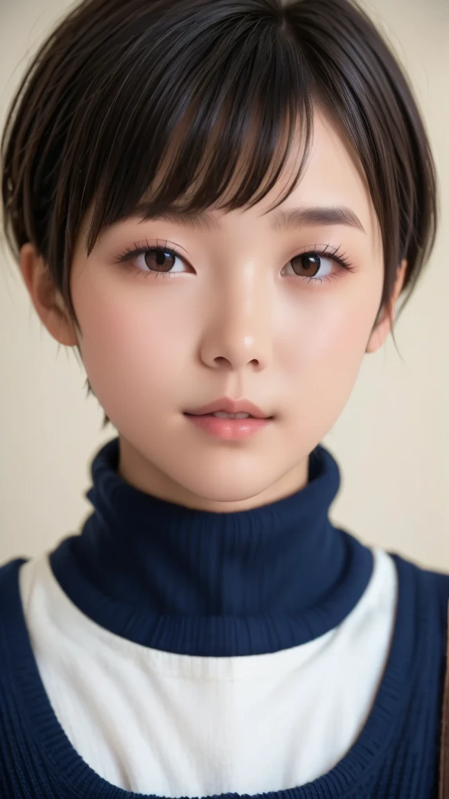 8K, ultra-realistic, highly detailed, photo-like. Natural cinematic lighting, soft shadows, lifelike skin texture, shallow depth of field.
A Japanese high school girl with (((black pixie-cut hair))), wearing a (((navy turtleneck sweater))) and a (((red scarf))). Looking directly at the camera with a calm, natural expression. Youthful skin and realistic facial features. Chest-up portrait from the front. The background is a softly blurred classroom or school exterior. (((Fully clothed))) (((Age-appropriate natural face))) (((No excessive beautification))) (((Clean and warm winter clothing)))