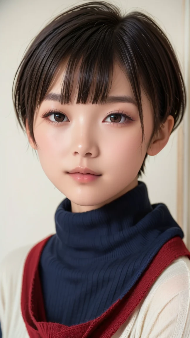 8K, ultra-realistic, highly detailed, photo-like. Natural cinematic lighting, soft shadows, lifelike skin texture, shallow depth of field.
A Japanese high school girl with (((black pixie-cut hair))), wearing a (((navy turtleneck sweater))) and a (((red scarf))). Looking directly at the camera with a calm, natural expression. Youthful skin and realistic facial features. Chest-up portrait from the front. The background is a softly blurred classroom or school exterior. (((Fully clothed))) (((Age-appropriate natural face))) (((No excessive beautification))) (((Clean and warm winter clothing)))