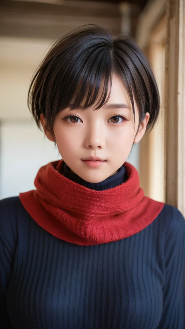 8K, ultra-realistic, highly detailed, photo-like. Natural cinematic lighting, soft shadows, lifelike skin texture, shallow depth of field.
A Japanese high school girl with (((black pixie-cut hair))), wearing a (((navy turtleneck sweater))) and a (((red scarf))). Looking directly at the camera with a calm, natural expression. Youthful skin and realistic facial features. Chest-up portrait from the front. The background is a softly blurred classroom or school exterior. (((Fully clothed))) (((Age-appropriate natural face))) (((No excessive beautification))) (((Clean and warm winter clothing)))
