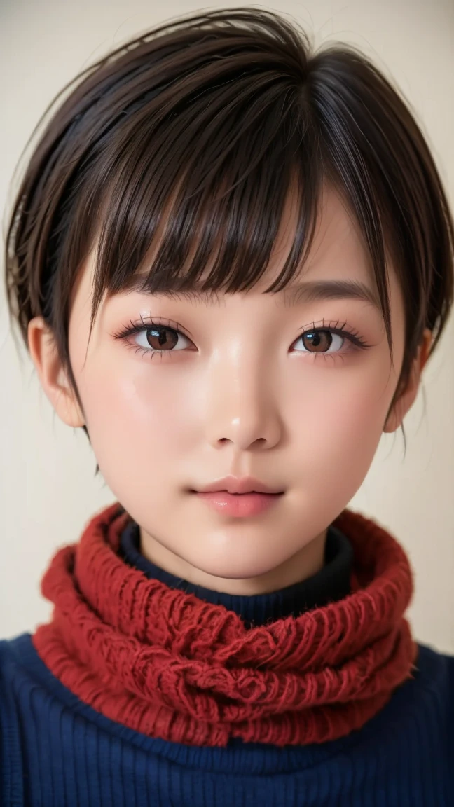 8K, ultra-realistic, highly detailed, photo-like. Natural cinematic lighting, soft shadows, lifelike skin texture, shallow depth of field.
A Japanese high school girl with (((black pixie-cut hair))), wearing a (((navy turtleneck sweater))) and a (((red scarf))). Looking directly at the camera with a calm, natural expression. Youthful skin and realistic facial features. Chest-up portrait from the front. The background is a softly blurred classroom or school exterior. (((Fully clothed))) (((Age-appropriate natural face))) (((No excessive beautification))) (((Clean and warm winter clothing)))