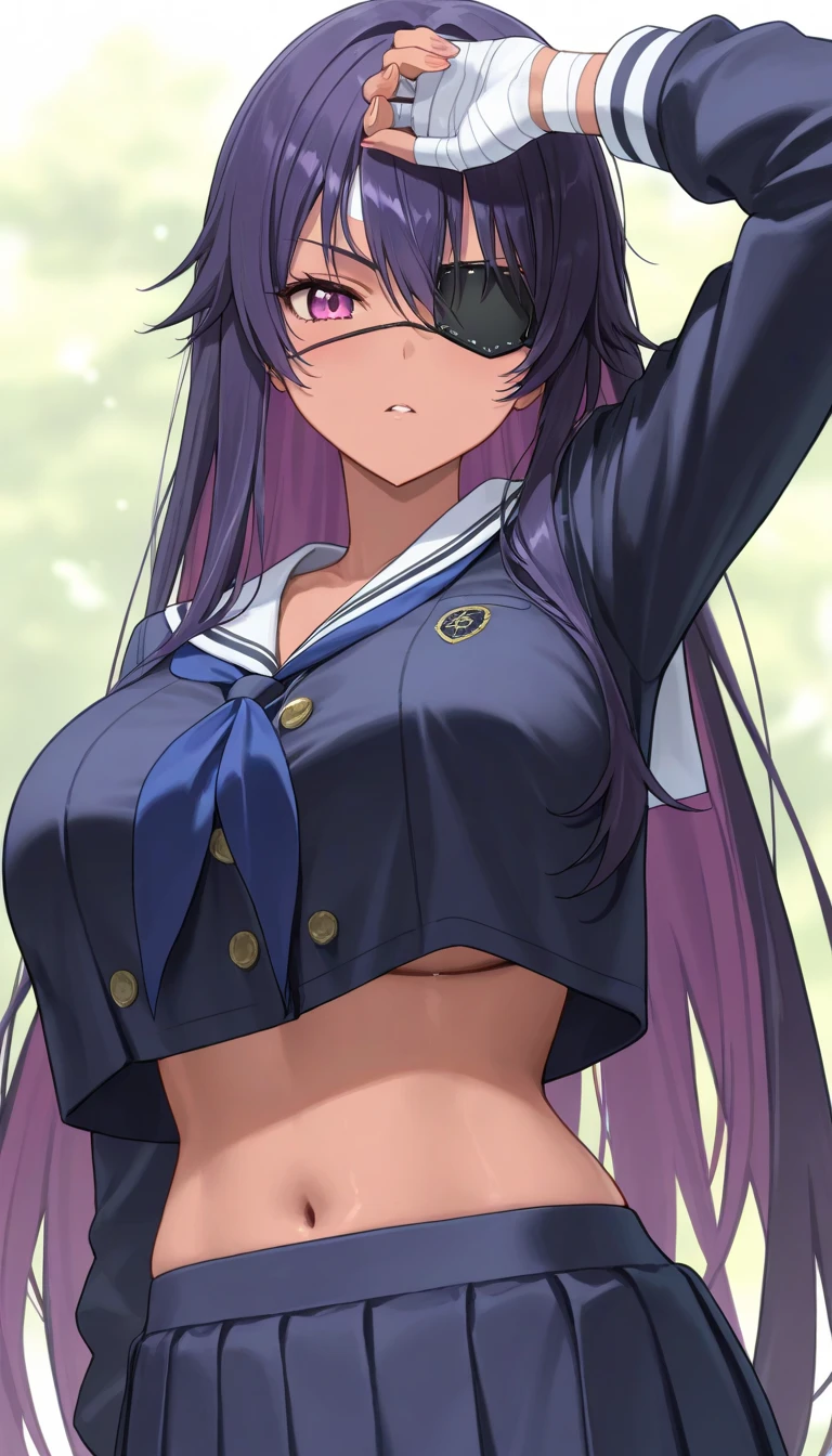 masterpiece, best quality, high resolution, hmsl1, big bust, hair flower, x hair ornamen, micro bikini, purple jacket, flower, slime, open clothes, Black bow, The sleeve exceeds the wrist, skirt, cowboy shooting, outdoor, street, permanent