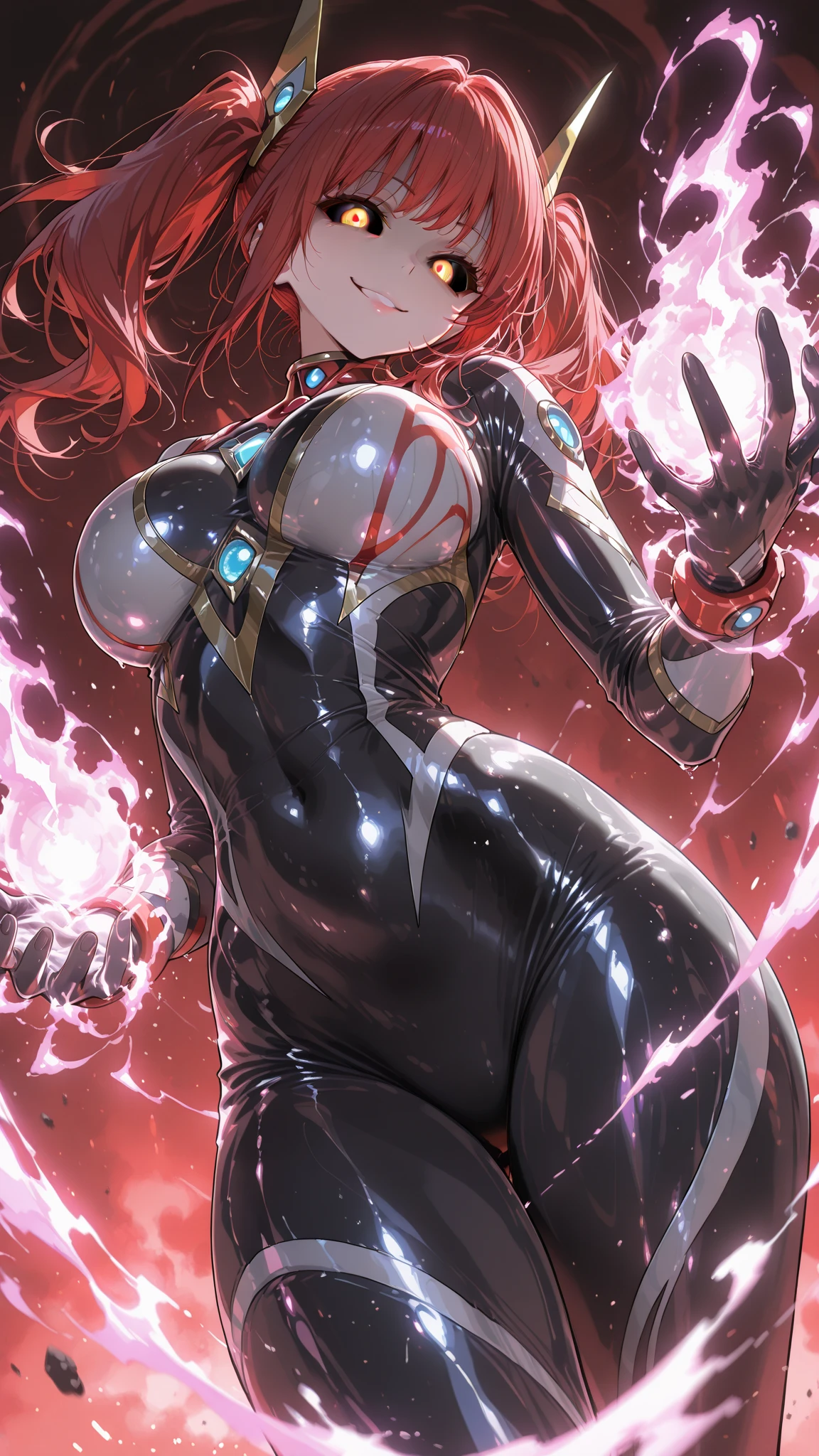 nsfw, (masterpiece, best quality, unity 8k wallpaper, highres), ambient light, (ultra-super-beautiful-detailed hair face kind-eyes skin, very slender:1.4, perfect arm and hands, perfect anatomy), BREAK
1girl, solo, <lora:rsona:1>, <lora:more_details:0.3>, <lora:try-artist-richy-v1:0.9>, (vely-long sagging gigantic breasts:1.3), rsona, red hair, gradient hair, multicolored hair, orange hair, absurdly long hair, twintails, (bodysuit:1.3), BREAK
vanishing point, sweat, looking at viewer, spread legs, excited, spread her pussy
