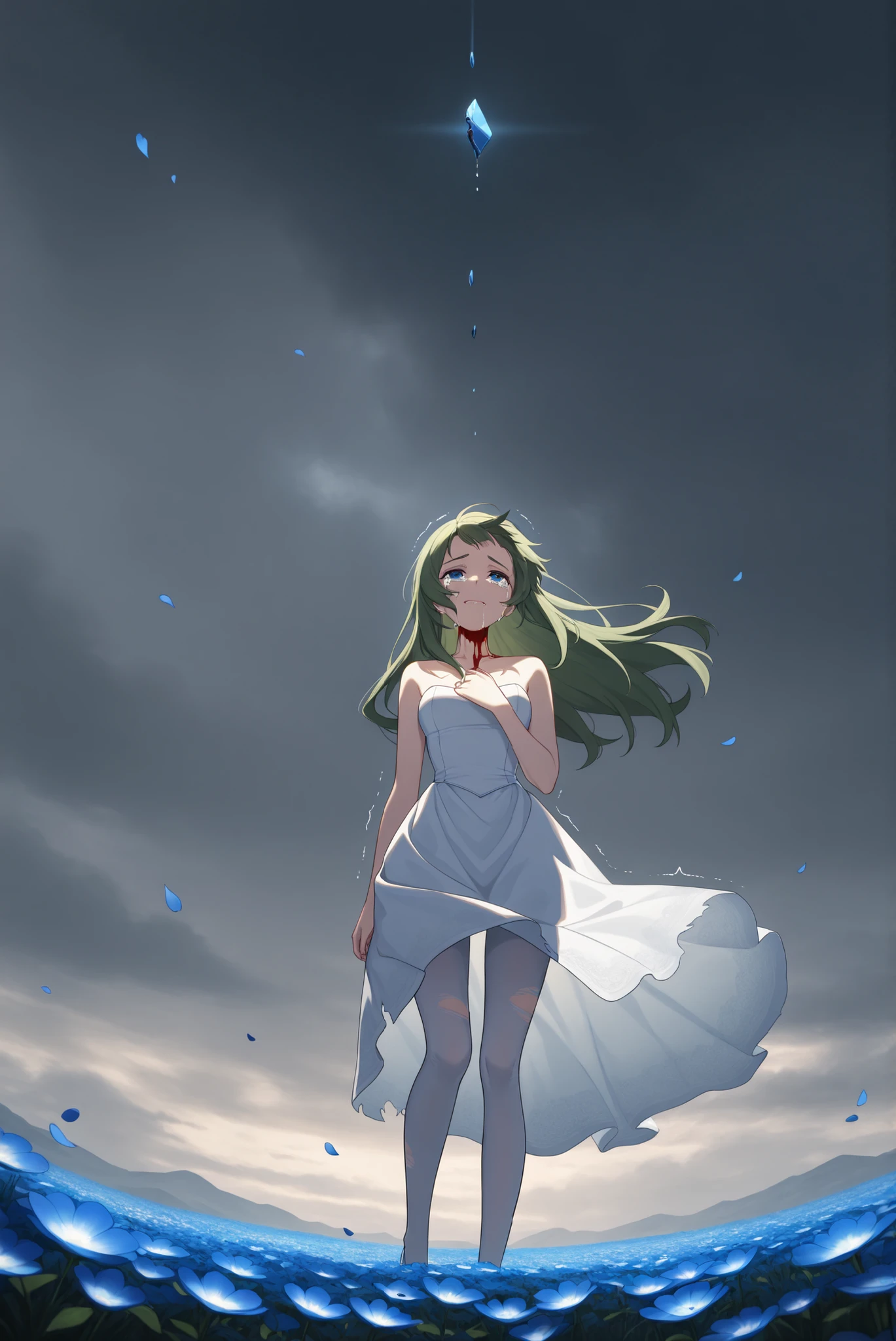 1girl, blue eyes, Sadness face,crying face、big tears、facing up、 green hair, pin your bangs, long hair , torn tights, to be hugged, open your chest, ripped black wedding dress,Broken Heart、torn clothes、Blood dripping from the neck、 Torn back、Visible Skin、Small waist, Trembling legs,Inner thighs、 stands in the middle of the night, On a field of blue flowers, adultic、cinematic, petals, cloudy gray sky , Rays from the Sky, EXTERIOR, Wind Rift, low angle between mountains, masterpiece, top quality, great quality, Extremely Aesthetic, very high resolution, Newest