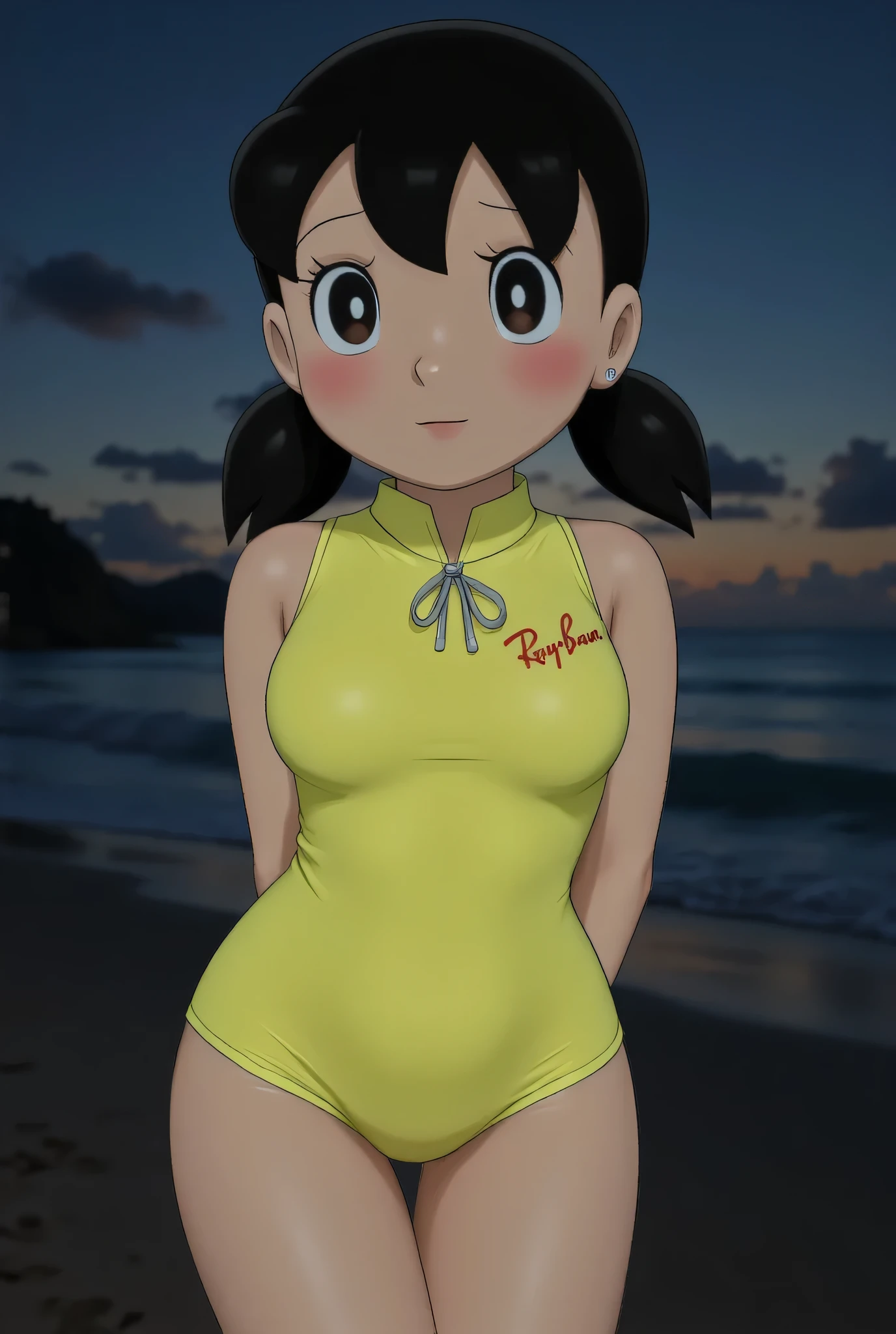 Small cute Front posing, Wearing Scarf neck tie, Front posing, SUPER SKINNY, (Thighs and calves small muscles), (((MOODY FACE EXPRESSION))), wearing Scoop Neck Sleeveless 'RayBan logo brand print' neon yellow Bodysuits singlet swimsuit, (KEDUA BELAH TANGAN DILETAK DIBELAKANG PUNGGUNG) PLEASE DON'T PUT ANYTHING ROPE!!!, THIGHS OPEN WIDE,
THIN SKINNY HIJAB INDO MALAY (Singlet ), 1 girl, 'MOODY FACE EXPRESSION', Half body portrait, (face details: 1), (Eye details: 1), ((Big breasts)). ultra high res. realistic: 1.4, UHD, (((dark background))), Background Di tepi pantai senja black hair pig tail style long straight,