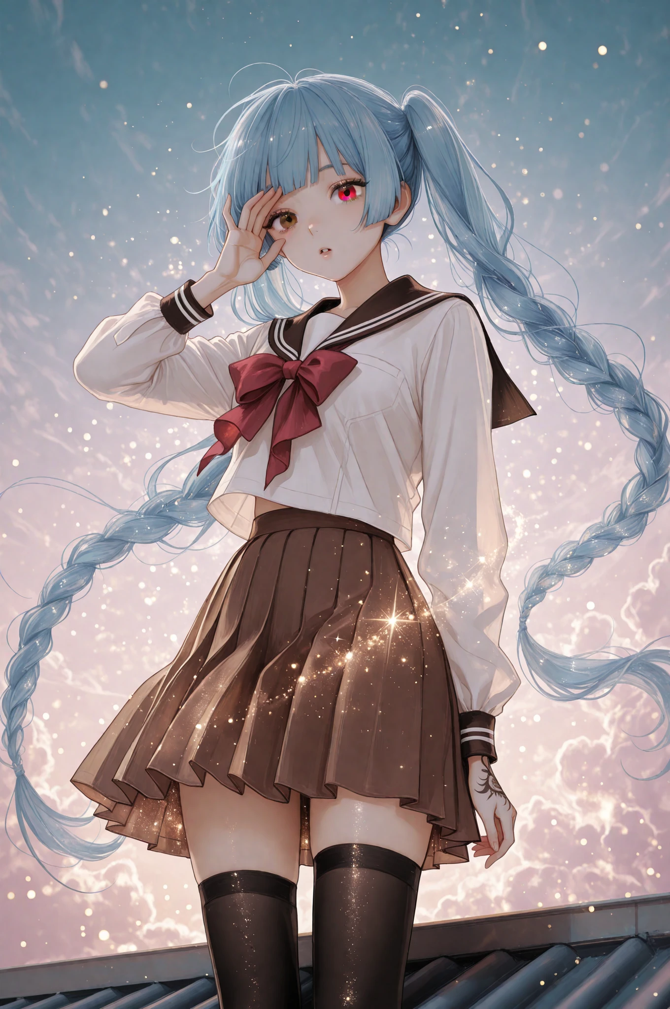 dah, painterly, airbrushed, sophisticated,dah, painterly, airbrushed, sophisticated, 1girl, chuunibyou, dot nose, heterochromia, brown eyes, red eyes, blue hair, very long hair, twintails, braid, single braid, double-parted bangs, blunt bangs, hand tattoo, , school uniform, white serafuku, long sleeves, pleated skirt, brown skirt, black thighhighs, shoes, solo, parted lips, looking down, looking at viewer, standing, on roof, hand over eye, :o, from below, wind, cloud, sky, evening, glowing, glowing_effect, sparkling, particles, sparkle_effect, light_particles, glitter, glitter_effect, bokeh, light_bokeh, light_reflection,