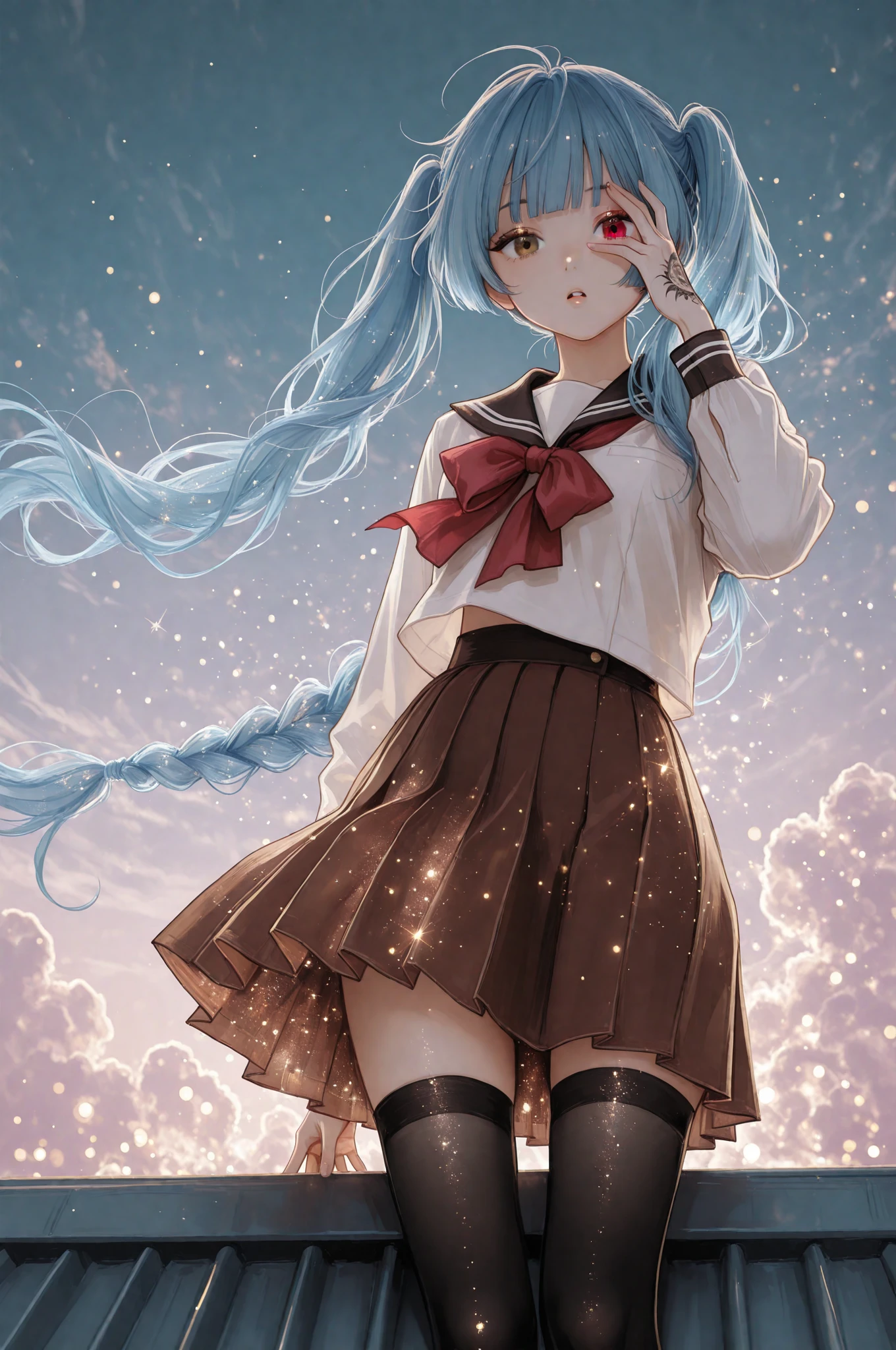 dah, painterly, airbrushed, sophisticated,dah, painterly, airbrushed, sophisticated, 1girl, chuunibyou, dot nose, heterochromia, brown eyes, red eyes, blue hair, very long hair, twintails, braid, single braid, double-parted bangs, blunt bangs, hand tattoo, , school uniform, white serafuku, long sleeves, pleated skirt, brown skirt, black thighhighs, shoes, solo, parted lips, looking down, looking at viewer, standing, on roof, hand over eye, :o, from below, wind, cloud, sky, evening, glowing, glowing_effect, sparkling, particles, sparkle_effect, light_particles, glitter, glitter_effect, bokeh, light_bokeh, light_reflection,