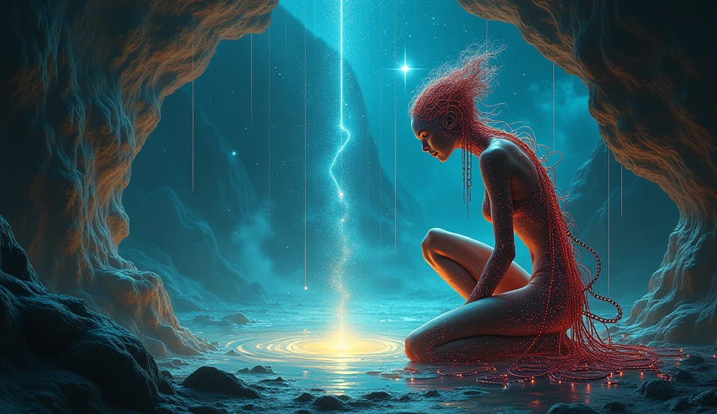 Une  artistique d'une femme debout dans une mare d'eau mélangée à du sang sur le dos, a tattoo with magic symbols in front of a giant door de l'enfer derrière la porte, a liquid fire, a magic door, quantum mechanics, la physique, les symboles spatiaux . An artistic painting of a woman standing in a pool of water mixed with blood on her back, a tattoo with magic symbols in front of a giant door, a liquid fire, a magic portal, quantum mechanics, une physique, des codes spatiaux