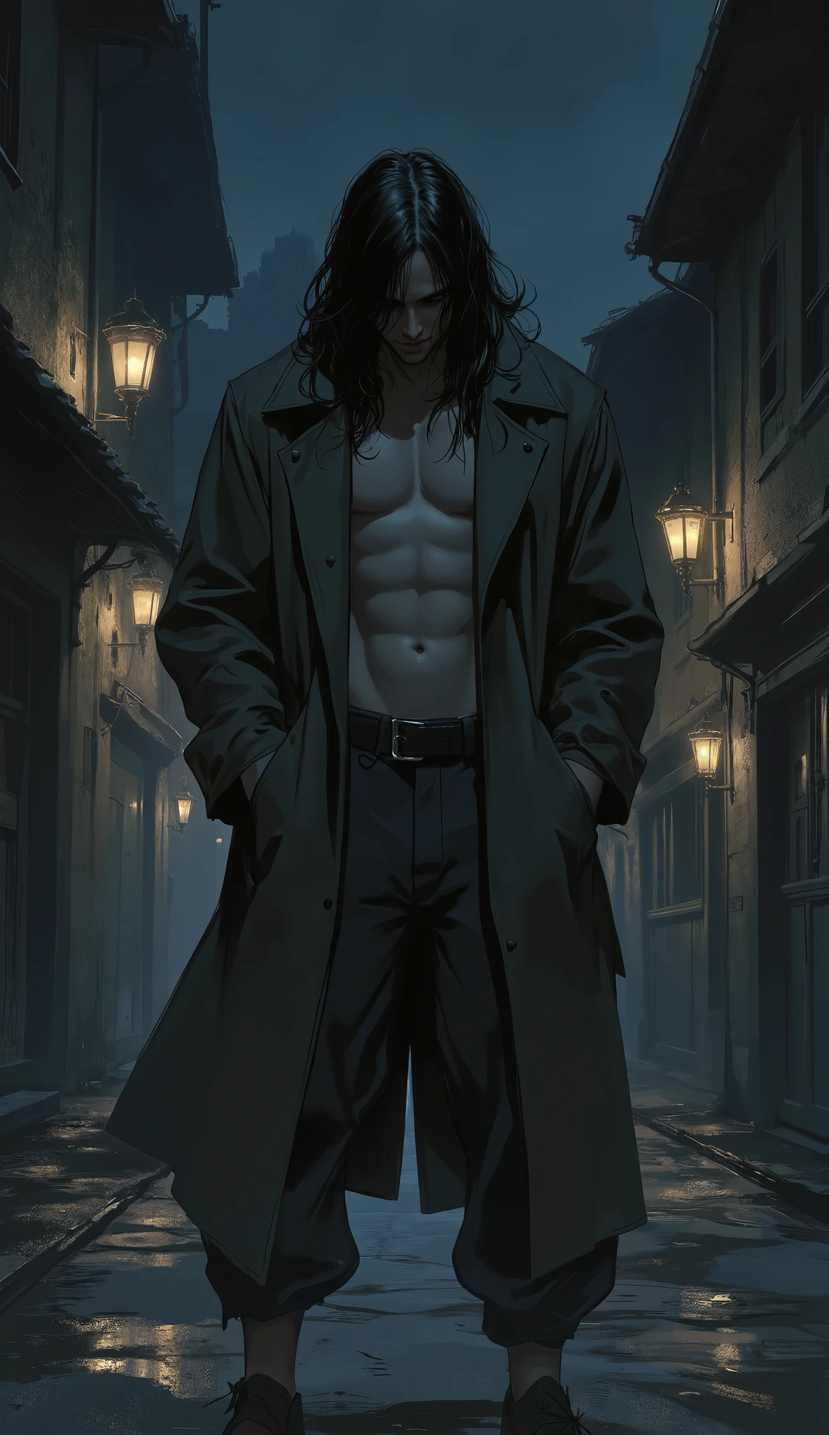 cinematic concept art, a forlorn young man with long black hair, his bangs hanging down to obscure his eyes, head bowed slightly. He stands on a dimly lit street in a medieval fantasy city at night. He wears a long, open windbreaker coat with rolled-up sleeves, revealing a sturdy chest and abdominal muscles, and loose coarse cloth trousers. His hands are tucked into his coat pockets. The style is a hyper-detailed and exquisite mature manga illustration, blended with photorealism. The lighting is dramatic and cinematic, with deep shadows creating a high-contrast atmosphere. The character features perfect human anatomy, with perfectly rendered hands, each with five fingers.