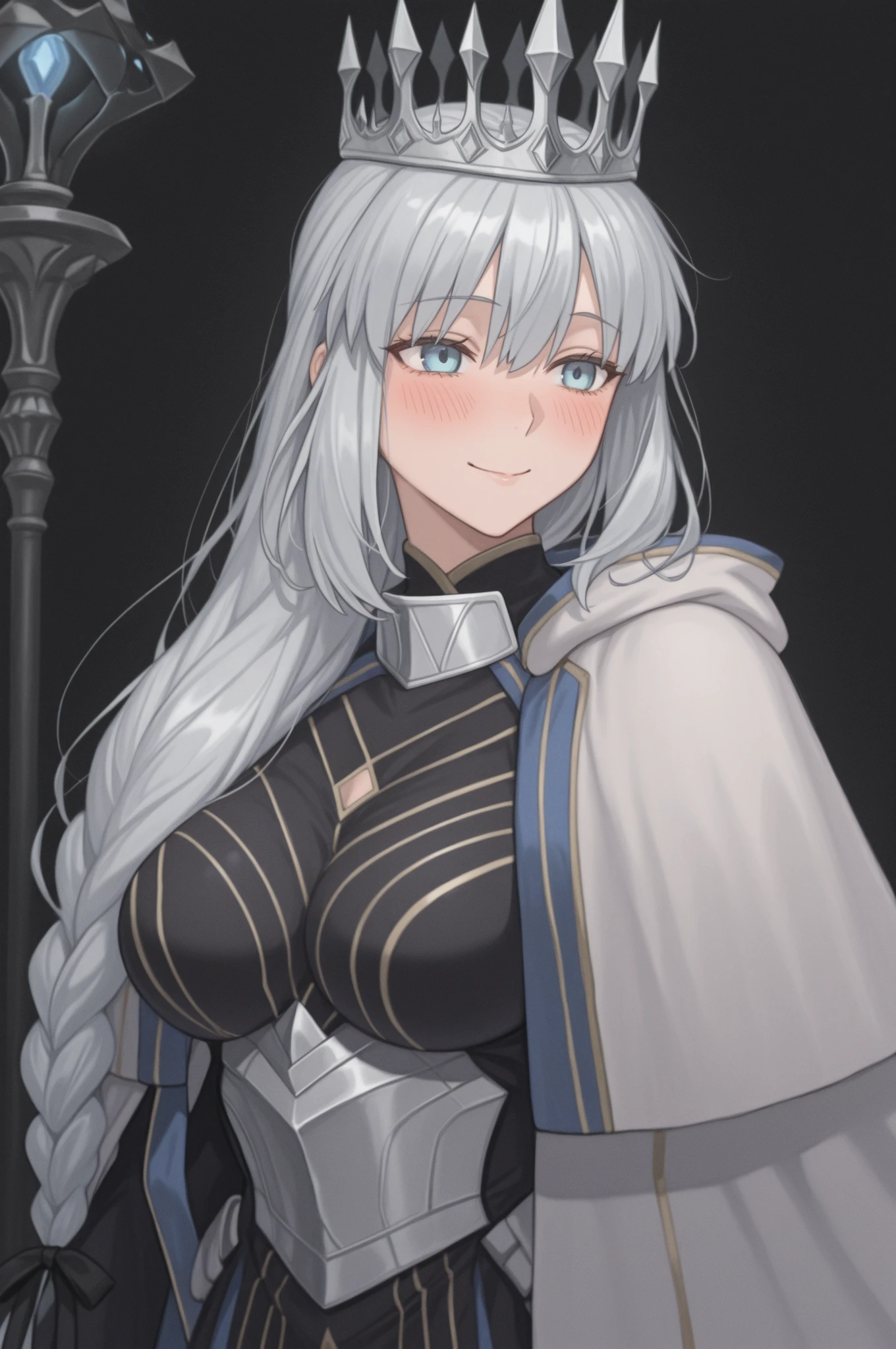 best quality, masterpiece, blue eyes, upper body,Gorgeous background,1girl, Flowing hair, Akari, Gigantic breasts, black hair, white hair piece, cute smile,