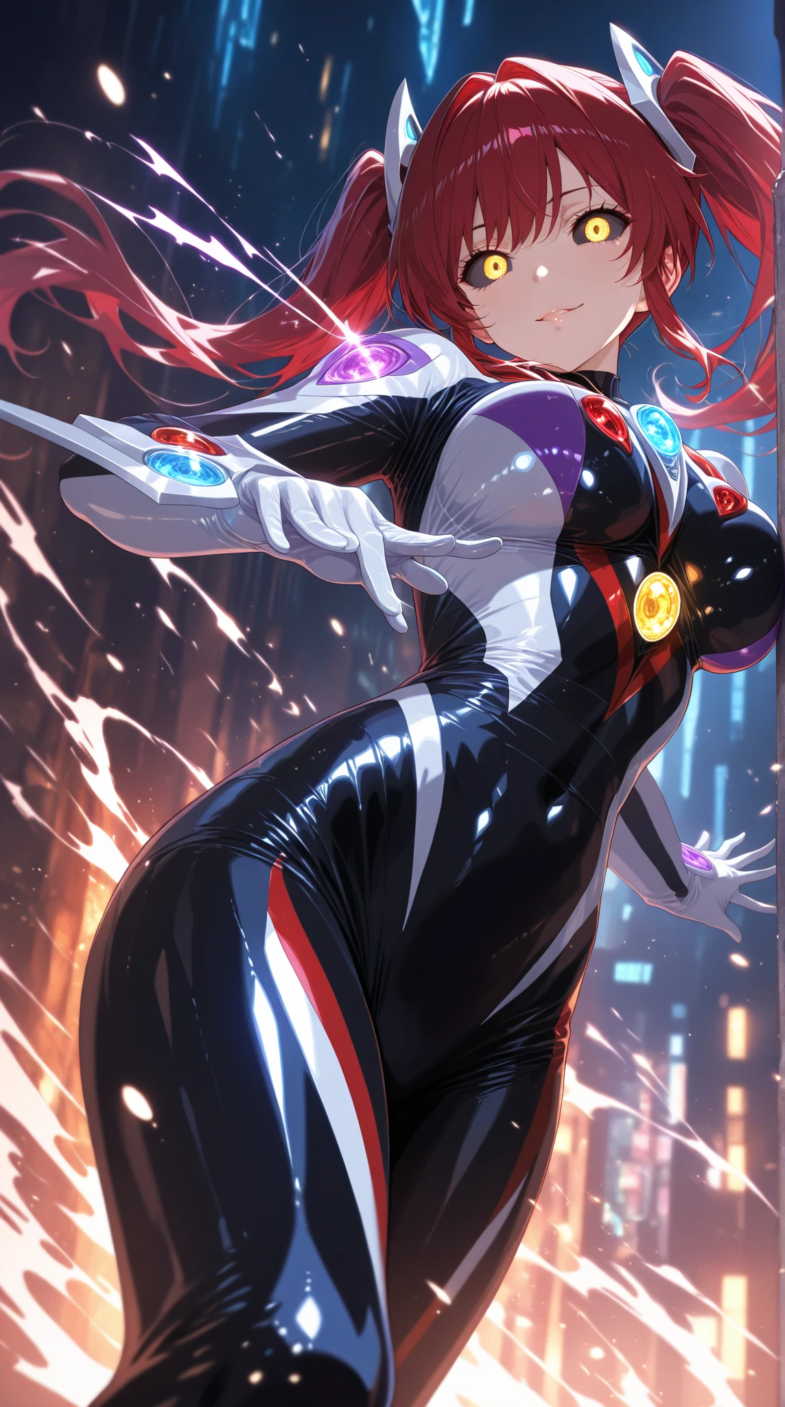 Create a dramatic and symbolic image in which Ikaros, a young woman with short, sky-blue hair, be in a moment of transformation. She wears teenage clothes that reflect her youth and vulnerability in the process of giving birth. The scene should be lit in a way that highlights the ethereal energy emanating from her. From her blood, flowing in a bright and surreal pattern, the emerging figure of Ery Talassa begins to form. Ery is a red-haired girl with a bad-tempered expression, unclothed, in the process of materialization. Be sure to show the contrast between the cool colors of Ikaros and the warm tones of Ery. The atmosphere should be mystical and emotional, reflecting the complexity of the connection between both.