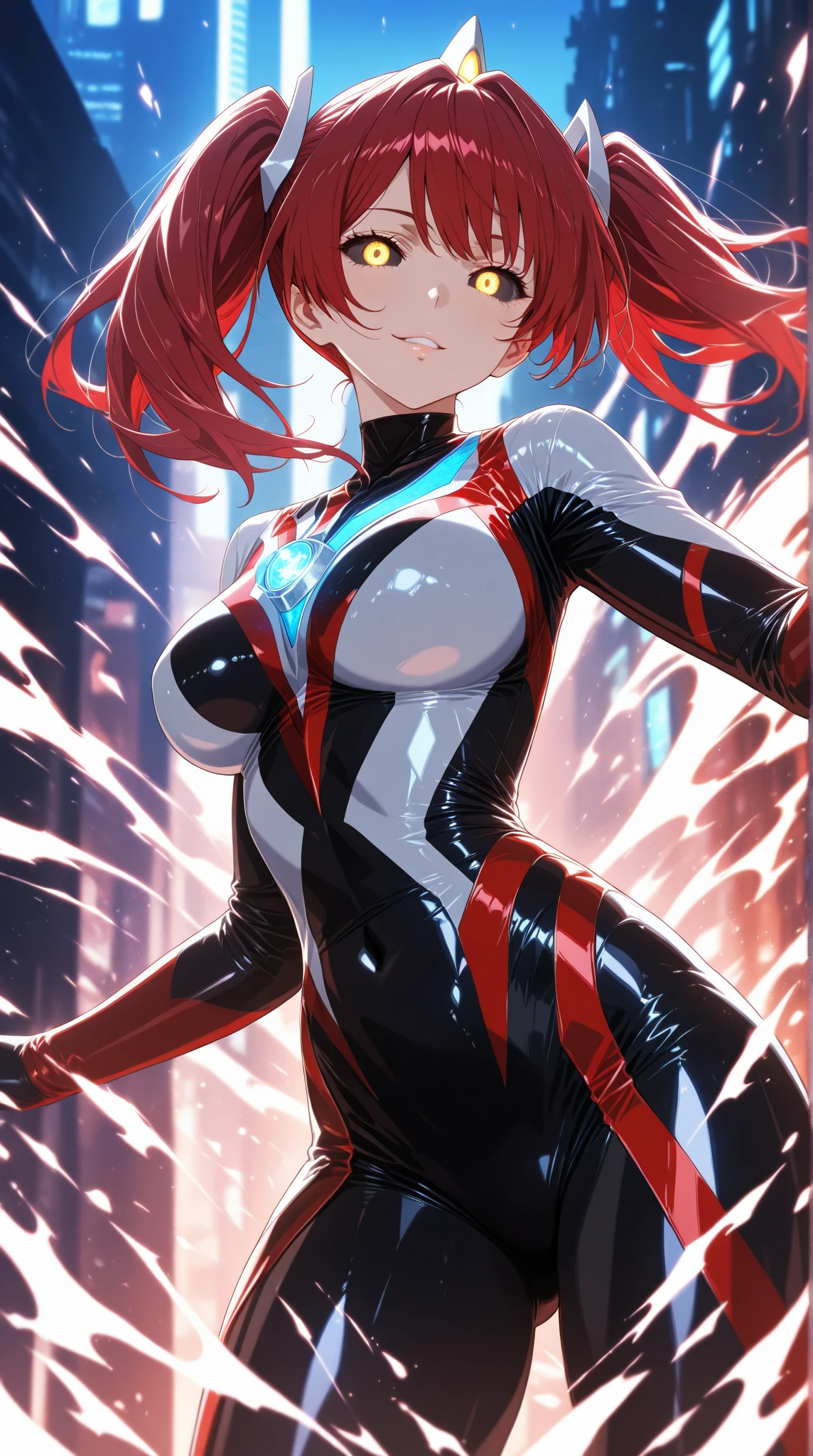 Super detailed、Virtual Woman, Red shorthair, Shiny Hair, Glowing Eyes:0.5, Slim, , v Arms,  A radiant smile, Shining Eyes, hologram, Futuristic chatIcon