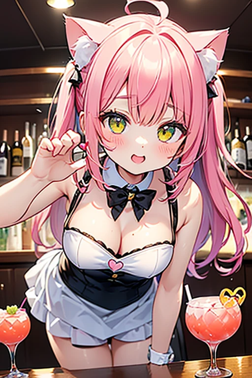 (anime style),masterpiece, best quality, extremely detailed,tanned skin,12yo loli,dark skin Beautiful body,Cinderella bust,BREAK,multicolored dark Purple hair,little side ponytail,short hair with long locks,BREAK,red eyes,naughty smile,shy,,thick eyebrow,smug,open mouth,eyes widen,sensual face,smile face,detailed lips,False eyelashes,BREAK,cotton red big ribbon,BREAK, yellow camisole dress,midriff baring outfit,frilled clothing,bridal gown,lmicroskirt,break,head tilt,looking back