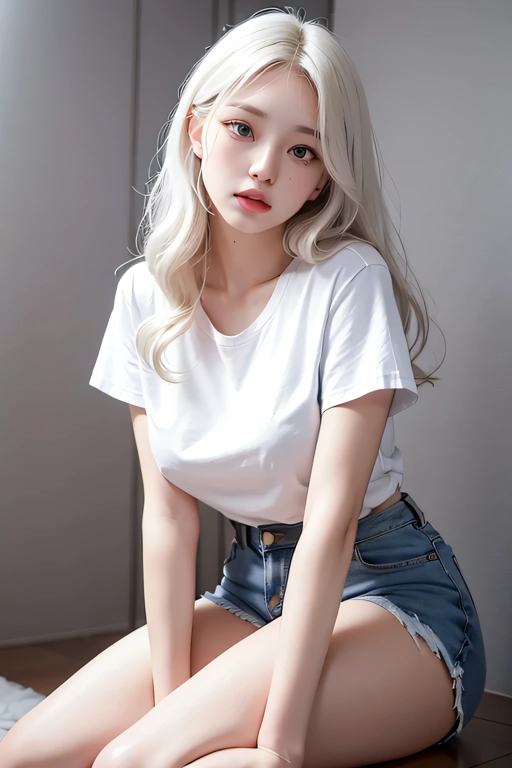 realisticlying, A high resolution, 1 rapariga, White wavy hair, korean people, heterochromatic eyes, small mole under eyes, Loose white shirt, tight denim shorts, Bigchest, upper legs, panties are visible,Exposed breasts