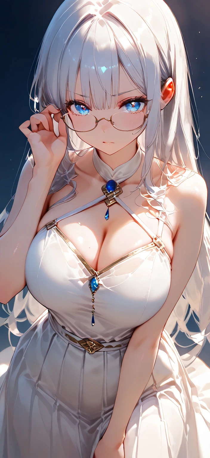 best quality,highres,ultra-detailed,realistic,photorealistic:1.37,portrait, intricate white long dress, ((modest dress)), standing, in middle of pool, wearing glasses,silver long hair,bun hair,smiling woman,close up to abs, ((big breast)), beautiful detailed eyes,beautiful detailed lips,flower petals on air, vivid colors,studio lighting,soft sunlight, happy face, ((keyhole cleavage)), shy, blushing, leaning back on chair