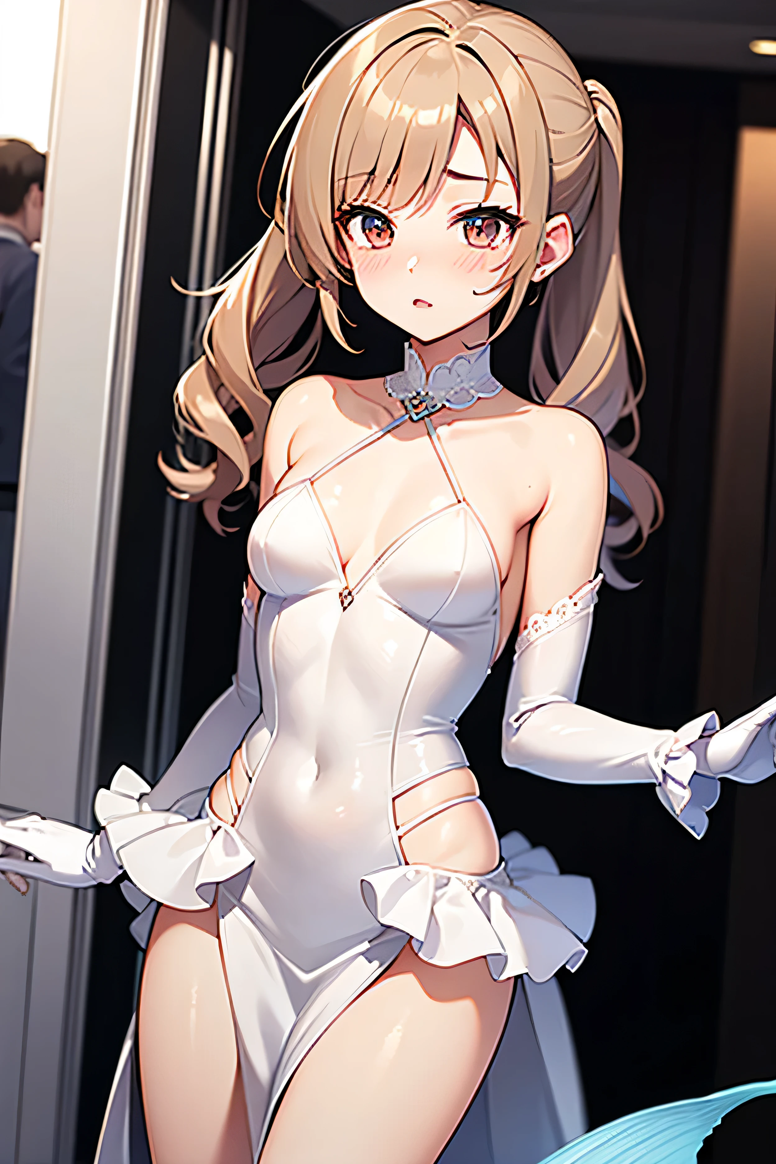 1girl, solamente, Lisarnd, (transparent lingerie) , tetona, sonriente, (ruboroso:1.2), (agarrar los pechos:1.6)