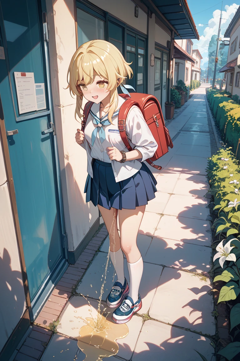 Masterpiece, hd, detailed, best quality, ponytail, (little girl),child playing, small breasts, hair ribbon, 8 y.o, 120 cm height body, 1girl, wearing white tanktop,tanktop, wearing pleated skirt, opened mouth, (Blonde hair), outdoor, ponytail, standing, fullbody, (fullbody:1.2), wearing sandals, outdoor, wearing red backpack, (backpack:1.2), school backpack, square backpack, sandals, Sad, crying, embarassed, Are standing, Her bowel accident, Her fecal leakage incident, pee, peeing self, Get wet, Get wet self, have to pee, pee stain, in skirt has pee stain,(girl leaking pee), have to pee, she peeing to much,(girl is peeing self:1.1), (pee stain), puddle of pee at your feet, holding crotch, very dirty clothes