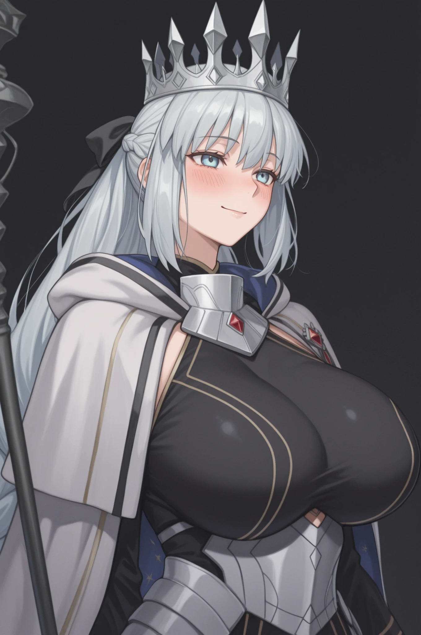 (girl), (dual_tone_eyes no_pupil style:1.2), (long silver hair:1.2), (huge tits:1.1), (fantasy soldier:1.2), (huge_weapon:1.2), (white background). (cleavage), (side view)