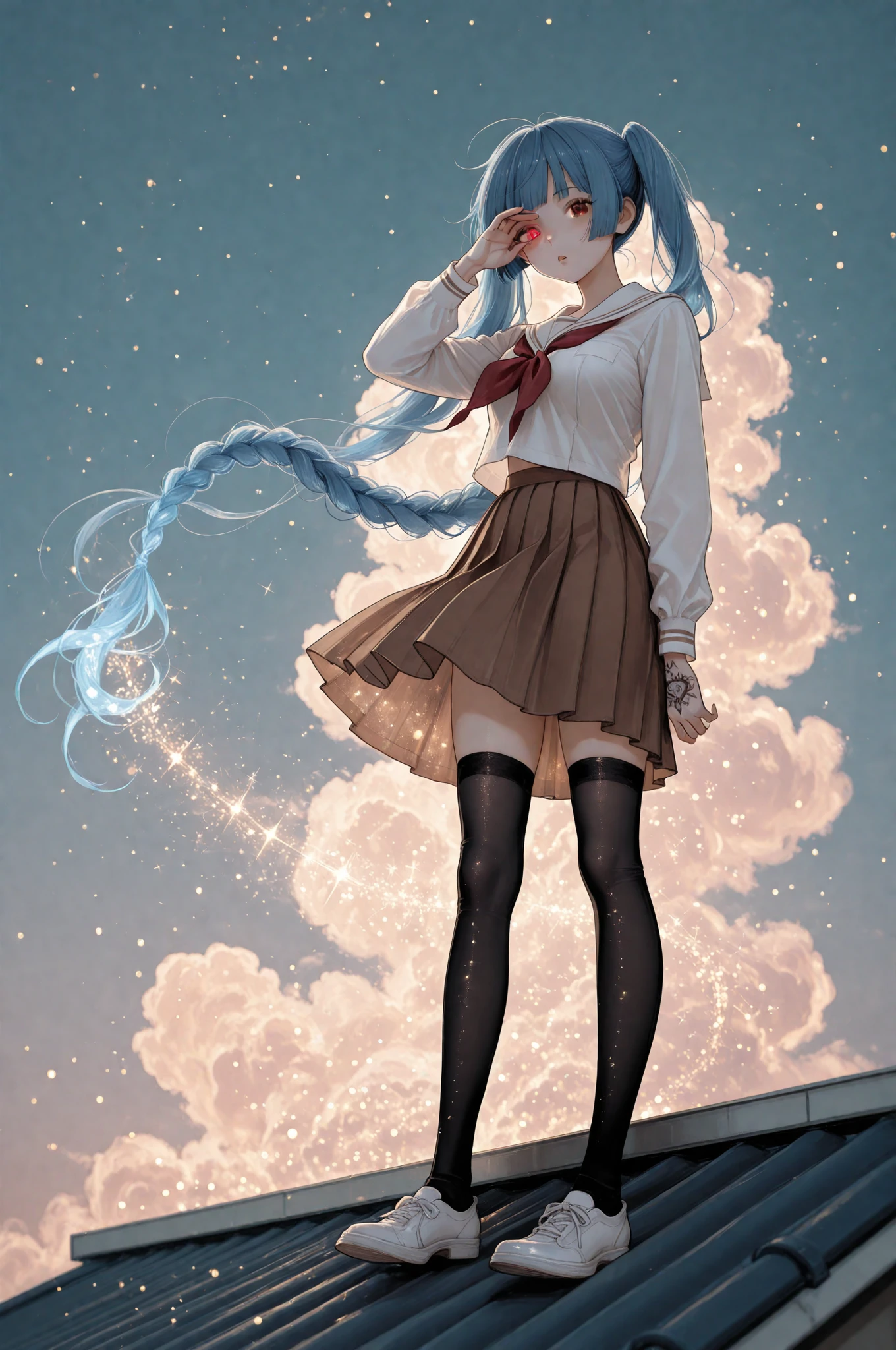 dah, painterly, airbrushed, sophisticated,dah, painterly, airbrushed, sophisticated, 1girl, chuunibyou, dot nose, heterochromia, brown eyes, red eyes, blue hair, very long hair, twintails, braid, single braid, double-parted bangs, blunt bangs, hand tattoo, , school uniform, white serafuku, long sleeves, pleated skirt, brown skirt, black thighhighs, shoes, solo, parted lips, looking down, looking at viewer, standing, on roof, hand over eye, :o, from below, wind, cloud, sky, evening, glowing, glowing_effect, sparkling, particles, sparkle_effect, light_particles, glitter, glitter_effect, bokeh, light_bokeh, light_reflection,