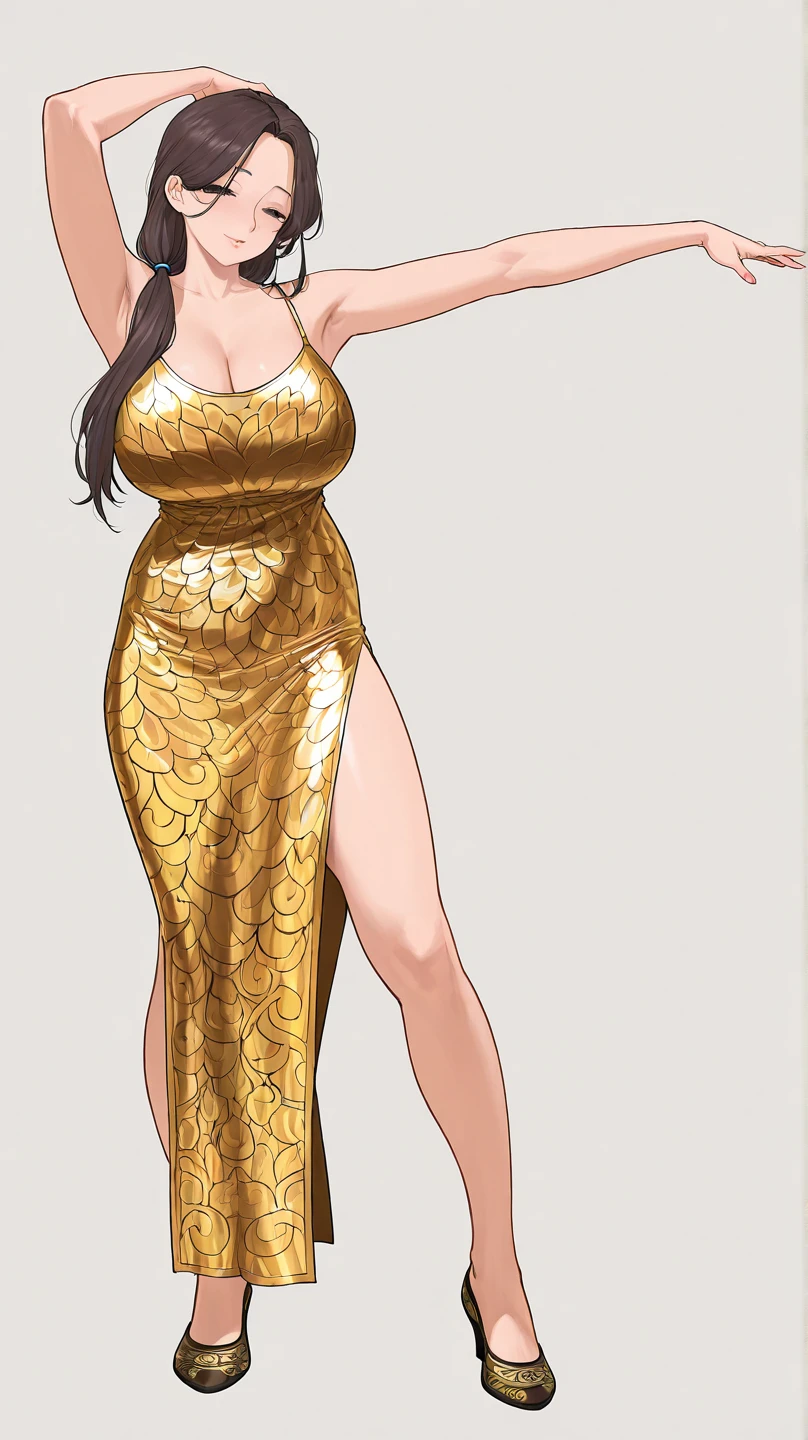Full body shot of blonde Ms. Buxley from Beetle Bailey comics. Curvy body with large breasts Skimpy black dress. Low-cut and tight fitting and short. Blavk high heels. Necklace and bracelet.