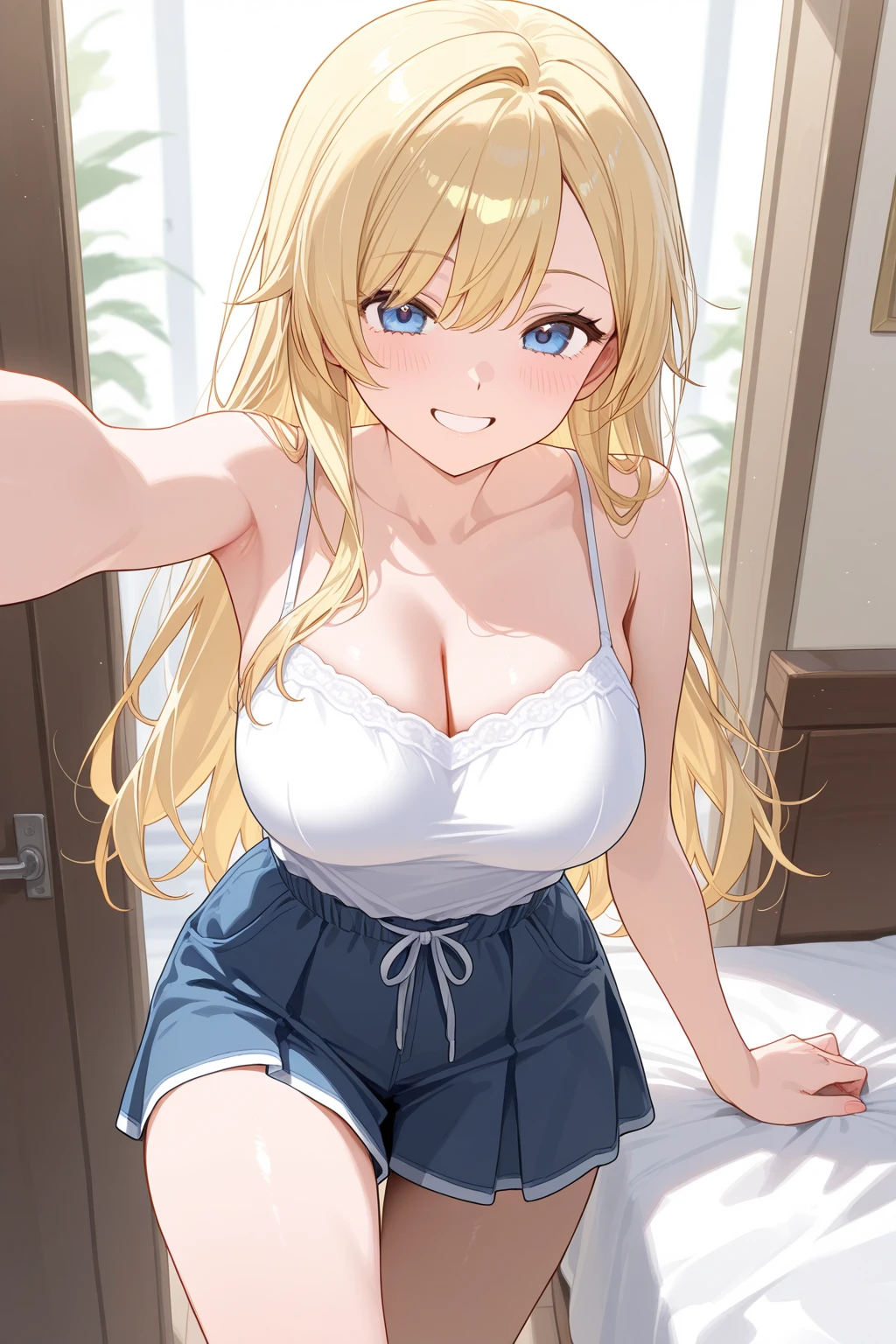 (Best quality:1.3), blonde ponytail, large breasts, cleavage, tank top, sexy, pov, close shot, blushing:1.3, smiling