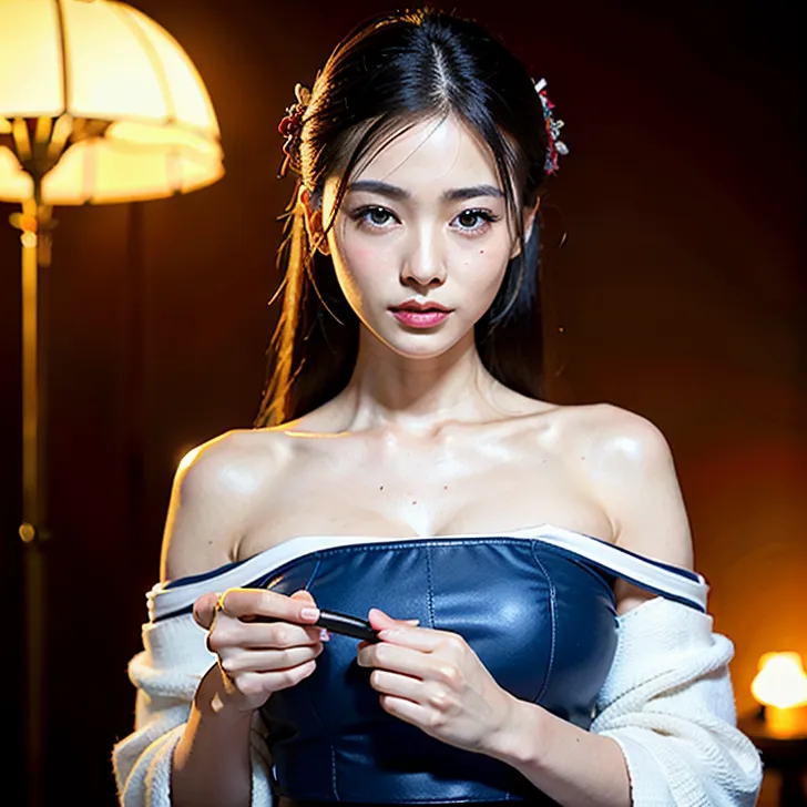 A beautiful face of wuxia chinese girls is crouching down in a plaid skirt, (solo, bare shoulders, cleavage, looseness glowing neon light clothes, amethyst gold cloak) , in the style of cindy sherman, soggy, ethereal horror, androgynous, bill viola, arnold böcklin, shiny eyes, shot on 75 mm, burne-jones, Leica SL3, Summicron-SL 75 f/2 ASPH, Kodak Vision 3 500T film,