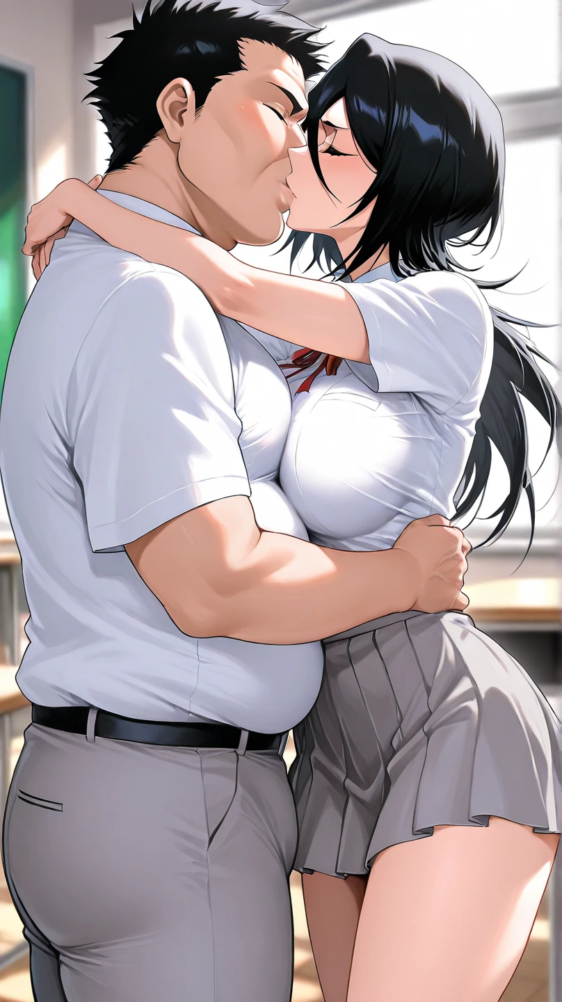 masterpiece，Highest quality，Highly detailed face，(((A slim and sexy girl))), ((1boy and 1girl are having sex))，((Cum there))，(((standing doggy, hug from behind:1.3)))，(Black hair ponytail),  (((Huge breasts))), (((White shirt、Pleated skirt:1.4)))，((grabs her breasts from behind:1.5))、((Painful face))、Heart symbol、excited、White Breath、(((SEX in the classroom)))、(Sweat:1.2)、Nervous、Heart symbol