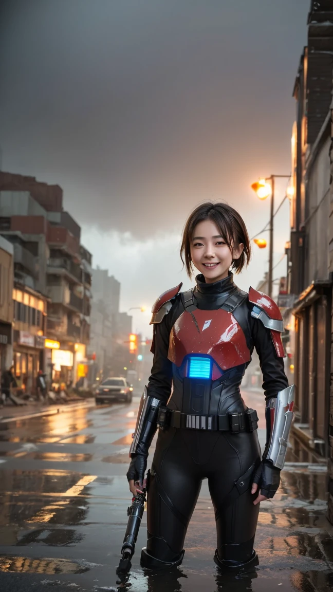 4K, 32K, high-quality CG style, computer-generated imagery, low-angle composition, extremely slim Japanese high school girl, brown hair in a bun, smiling expression, wearing a glossy black and red cyber armor suit, holding a glowing blue lightsaber with both hands, her armor and hair are wet from the rain, water droplets reflect light, background is a ruined futuristic city with collapsed buildings and metallic debris, enemy fighter ships and drones flying in the gray sky, drifting smoke and rain particles in the air, broken neon signs reflecting on the wet ground, stylish and dramatic sci-fi battle scene, highly detailed and rendered in high-resolution CG