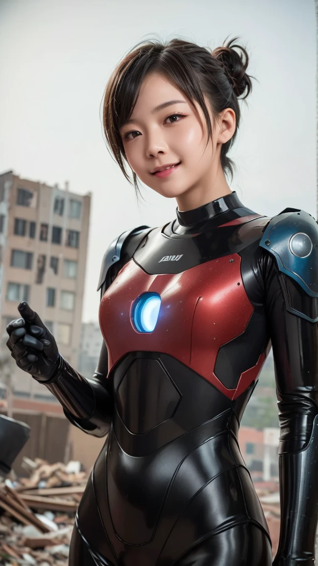 4K, 32K, high-quality CG style, computer-generated imagery, low-angle composition, extremely slim Japanese high school girl, brown hair in a bun, smiling expression, wearing a glossy black and red cyber armor suit, holding a glowing blue lightsaber with both hands, her armor and hair are wet from the rain, water droplets reflect light, background is a ruined futuristic city with collapsed buildings and metallic debris, enemy fighter ships and drones flying in the gray sky, drifting smoke and rain particles in the air, broken neon signs reflecting on the wet ground, stylish and dramatic sci-fi battle scene, highly detailed and rendered in high-resolution CG