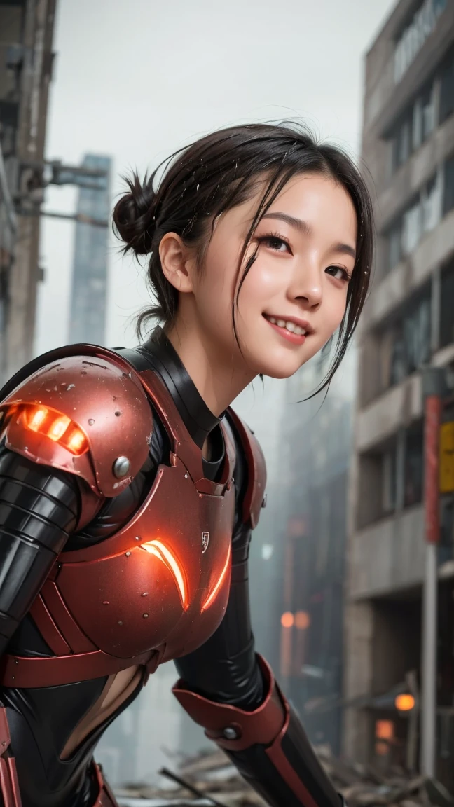 4K, 32K, high-quality CG style, computer-generated imagery, low-angle composition, extremely slim Japanese high school girl, brown hair in a bun, smiling expression, wearing a glossy black and red cyber armor suit, holding a glowing blue lightsaber with both hands, her armor and hair are wet from the rain, water droplets reflect light, background is a ruined futuristic city with collapsed buildings and metallic debris, enemy fighter ships and drones flying in the gray sky, drifting smoke and rain particles in the air, broken neon signs reflecting on the wet ground, stylish and dramatic sci-fi battle scene, highly detailed and rendered in high-resolution CG