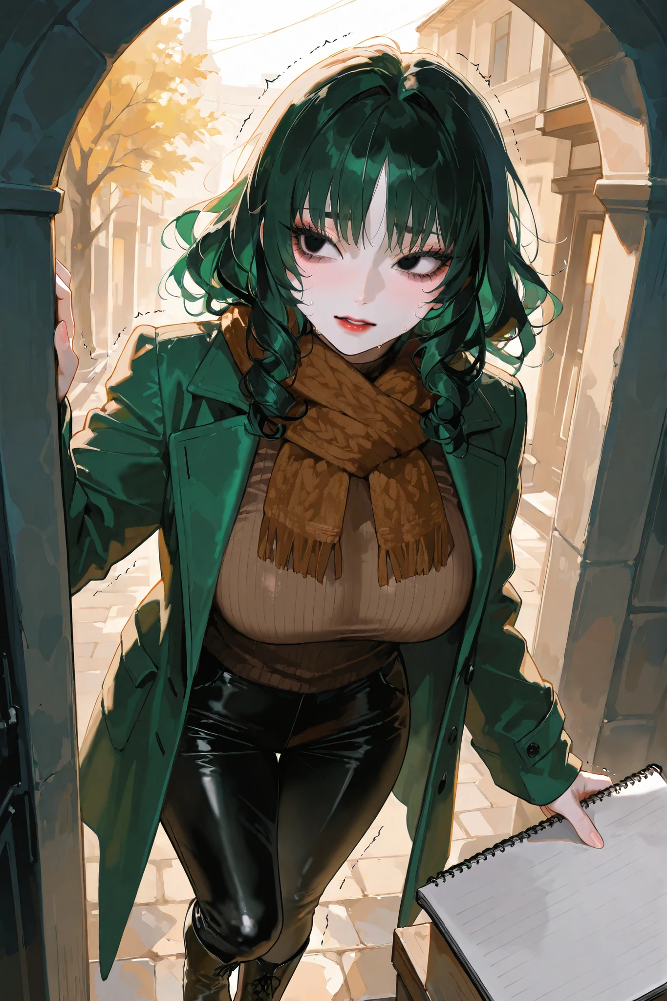 the woman is a beautiful Asian. She has a mature build and big breasts. She has white skin. She has bags under her eyes. She has neat makeup: black eyebrows, long black eyelashes, black eyes with dark green lenses, red lips, pink eye shadow. She has black long wet greasy curly hair with arch bangs. She is wearing a bege knitted sweater, brown knitted scarf, black trousers, comfortable high-heeled autumn boots. She is wearing a long green leather coat with a black lining. She has pencils and a sketchbook in her coat pocket. She has a scared, nervous expression on her face, her lips are pursed and she is trembling with fear. IN the background: dark foggy Asian ghost town, in which dark creepy grotesque silhouettes of ghosts of men and women flicker through the town alleys.