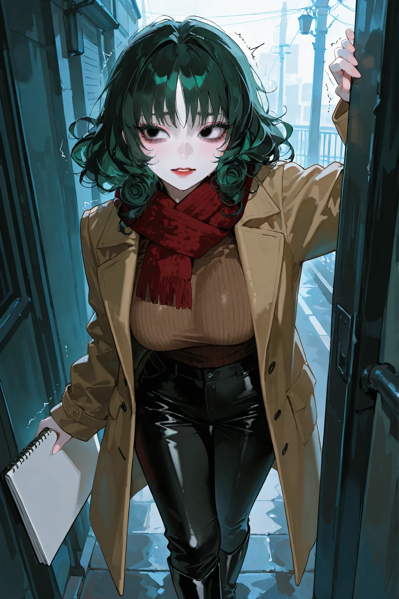 the woman is a beautiful Asian. She has a mature build and big breasts. She has white skin. She has bags under her eyes. She has neat makeup: black eyebrows, long black eyelashes, black eyes with dark green lenses, red lips, pink eye shadow. She has black long wet greasy curly hair with arch bangs. She is wearing a bege knitted sweater, brown knitted scarf, black trousers, comfortable high-heeled autumn boots. She is wearing a long green leather coat with a black lining. She has pencils and a sketchbook in her coat pocket. She has a scared, nervous expression on her face, her lips are pursed and she is trembling with fear. IN the background: dark foggy Asian ghost town, in which dark creepy grotesque silhouettes of ghosts of men and women flicker through the town alleys.
