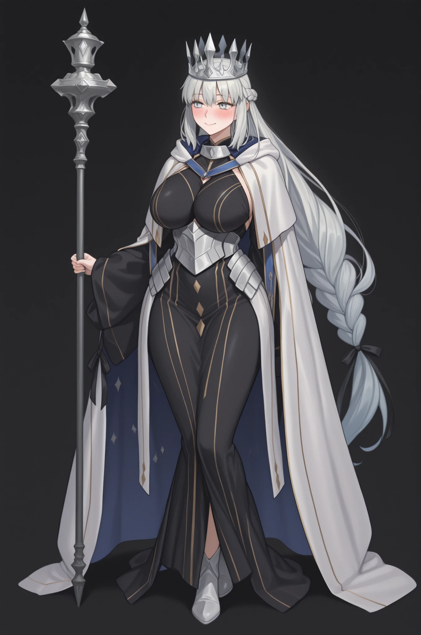 ultra high resolution, human, humanoid, solo, ranni the withch from elden ring, light blue skin, doll joints, one eye closed, female, mature body, bulky body, two arms, saggy breasts, (dress), fur cloak, deep cleavage, confident pose, slight smile, standing