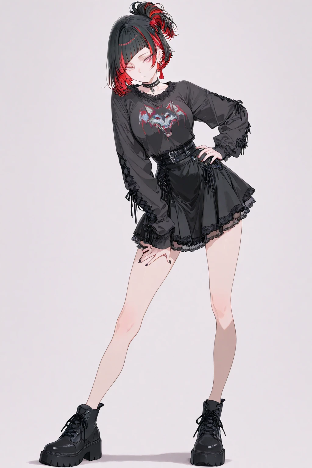 Brown hair,blue eyes,short hair,double tail,Red headscarf,sexy black lingerie,Xiaoyao【Pokémon】blush,smile,medium breasts,sexy miniskirt leather shorts, long legs, black high heel platform sandals, Full body photo,bedroom background, standing, idle