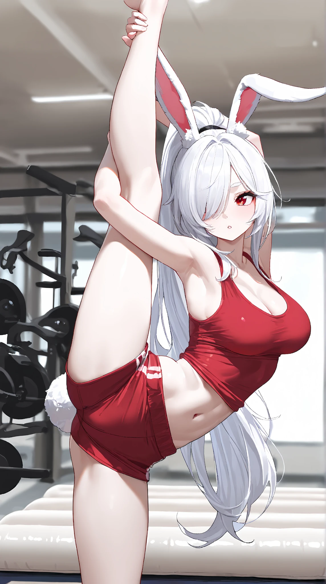 (best quality:1.2), (masterpiece:1.2), detailed, perfect face, anime, woman, white hair, small red horns, red eyes, wearing a red crop top and gym shorts (nsfw)