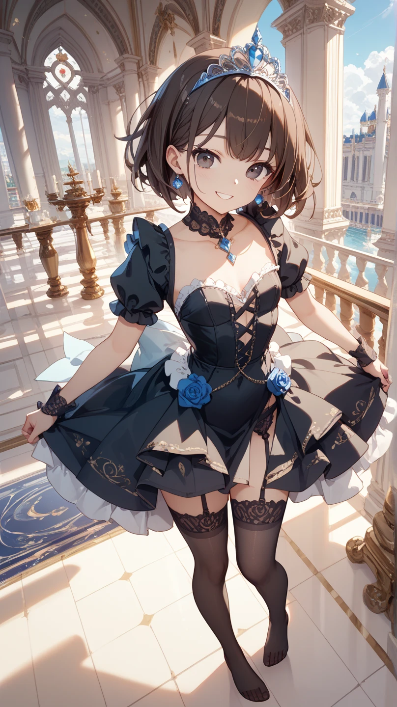 masterpiece、Highest quality、(One girl、、short hair、Blonde、hair ornaments、Light brown eyes、smile、Wearing black glasses、anise、Facing forward)、Neat costume（Black dress with lace、Short skirt)、（Pink underwear）、（Lift the hem of your skirt with your hands）、night、Balcony