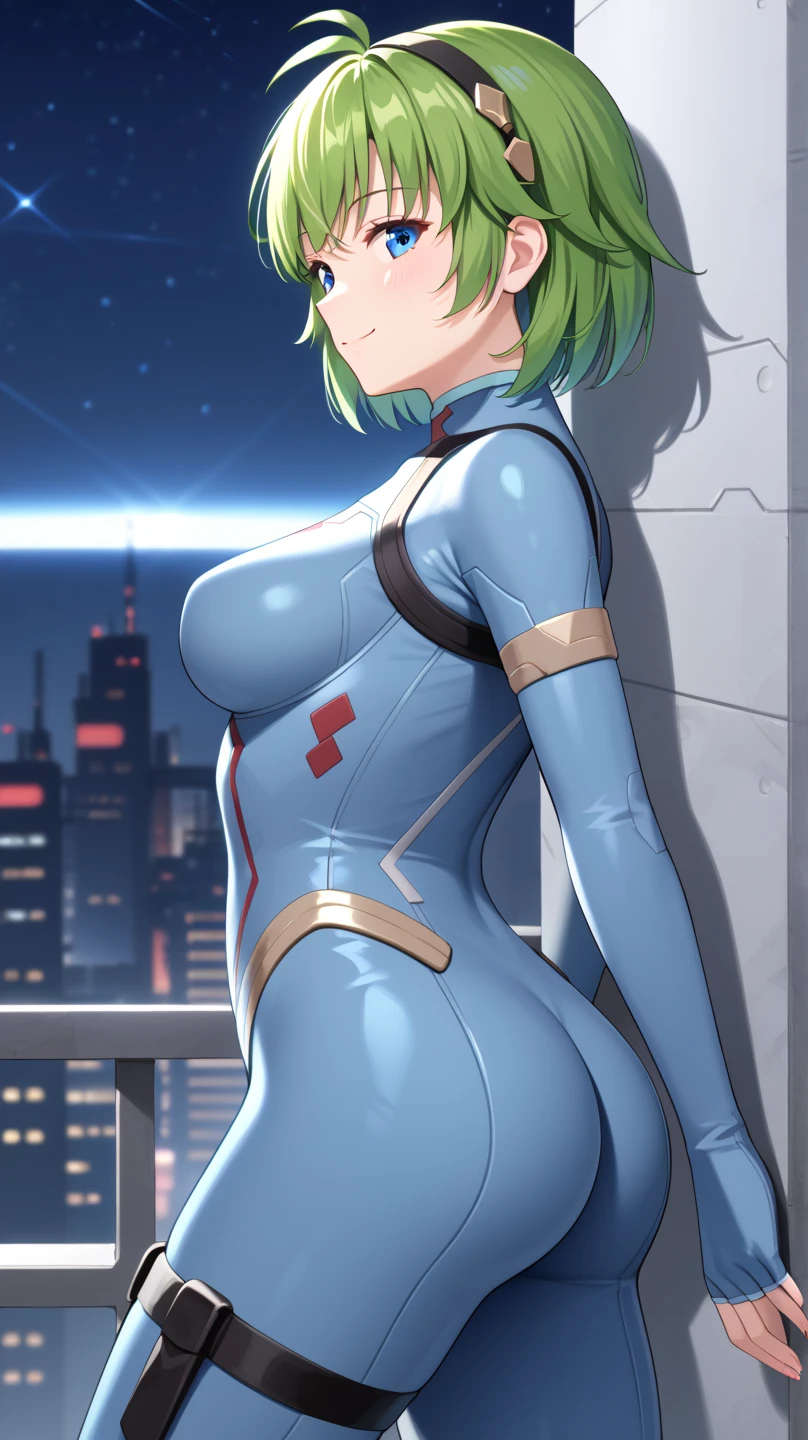 (best quality,4k,8k,highres,masterpiece:1.2),ultra-detailed,realistic,beautiful detailed eyes,beautiful detailed lips,extremely detailed eyes and face,longeyelashes, pink combat suit,green hair, short hair,blue eyes,red mecha headgear,small breasts,smiling,piscina,sharp focus,vivid colors, full body in frame, at the beach