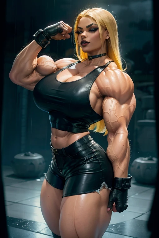 ((((Massive tall, beautiful, buff, light brown skinned muscular woman with white hair, black lipstick, ginormous bulky muscles, crossed arms, and wearing a white cropped hoodie with gym shorts)))), close view, massive muscle, massive biceps, hyper muscle shoulders, massive muscle arms, vascular shoulders, hyper muscle triceps, (long straight hair), blue eyes, choker, sneakers, (crossed arms), in a hot outdoors gym, (fingerless gloves), confident smirk, night, hyper vascular arm, hyper muscles arms, hyper muscle legs, massive arms.