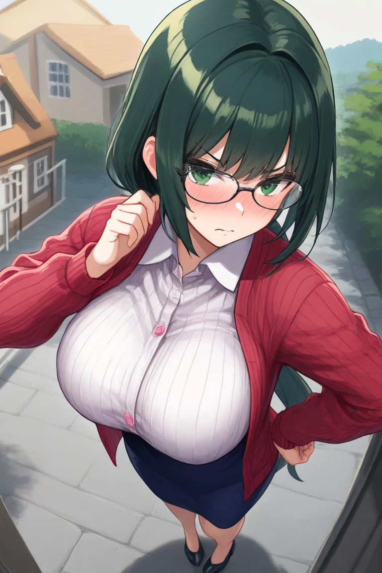 One Woman、Braided twin tails、Huge breasts、(Huge breasts:1.8)、Glasses、blue eyes、Green Hair、, (Daytime park background),、(Being watched by little boys),(Being watched by little girls)、
