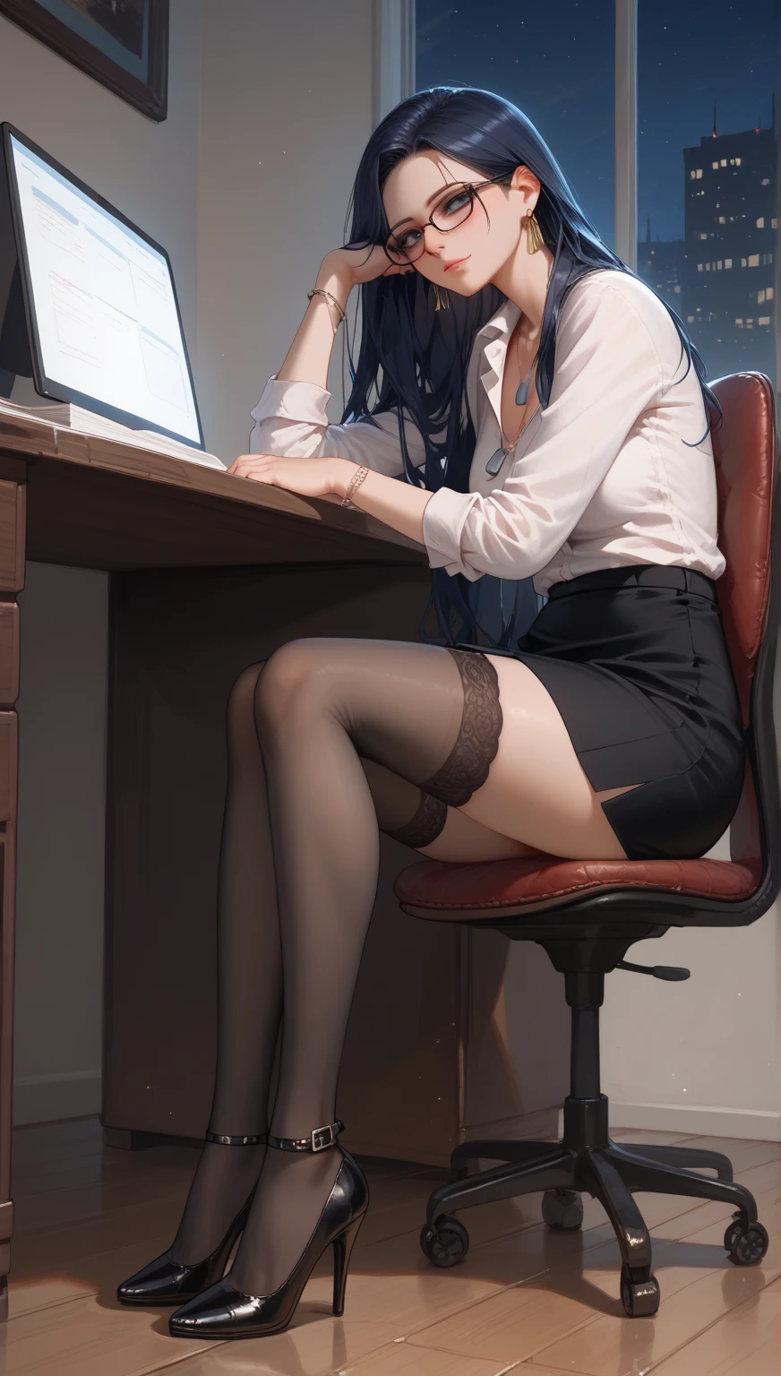This illustration depicts a cute girl working in an office in a high-rise building, at a moment when she is tired of the situation. She is working on her laptop and is facing the monitor. His eyes are shining. Inside the room are piles of documents, an office desk and chair, a monitor, etc. However, the most notable thing is the "final mysterious high-energy body" she emits. This energy body is released from her body and has the power to obliterate the garbage in the room. emits a pale, white light that reaches every corner of the room. The view from the window is a night view. A girl with a satisfied expression is sitting.(night)
