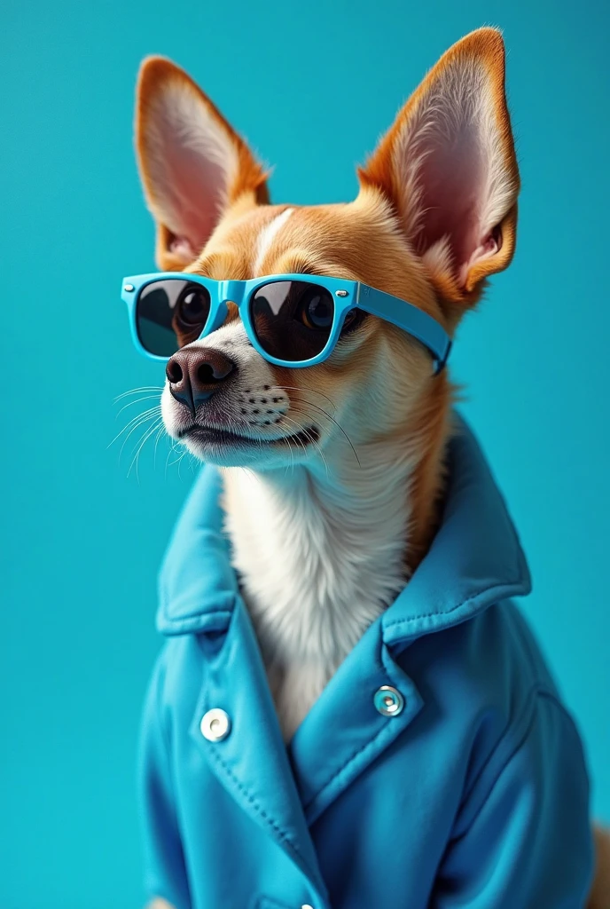 best mobile wallpaper，award winning wallpaper，Photo photography，Front view of a cute dog，Wear mid-1960s space-age fashion，Side view photo，shot with Canon EOS R5，Set a strong contrast to make the subject stand out，Fluorescent blue，Wearing a very modern coat and sunglasses，It&#39;s a modern 1960s style，All clothes are one color，Beautiful background
