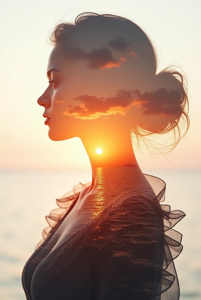 high quality，8k ultra high definition，美丽的Doubleexposure，Combines the silhouette of a goddess with the sunset coast， sunset coast should be used as the bottom background，Details are integrated into the silhouette of the goddess，Clear lines，The background is a monochromatic ，Focus sharp，Doubleexposure，Created by yukisakura，Gorgeous full color
