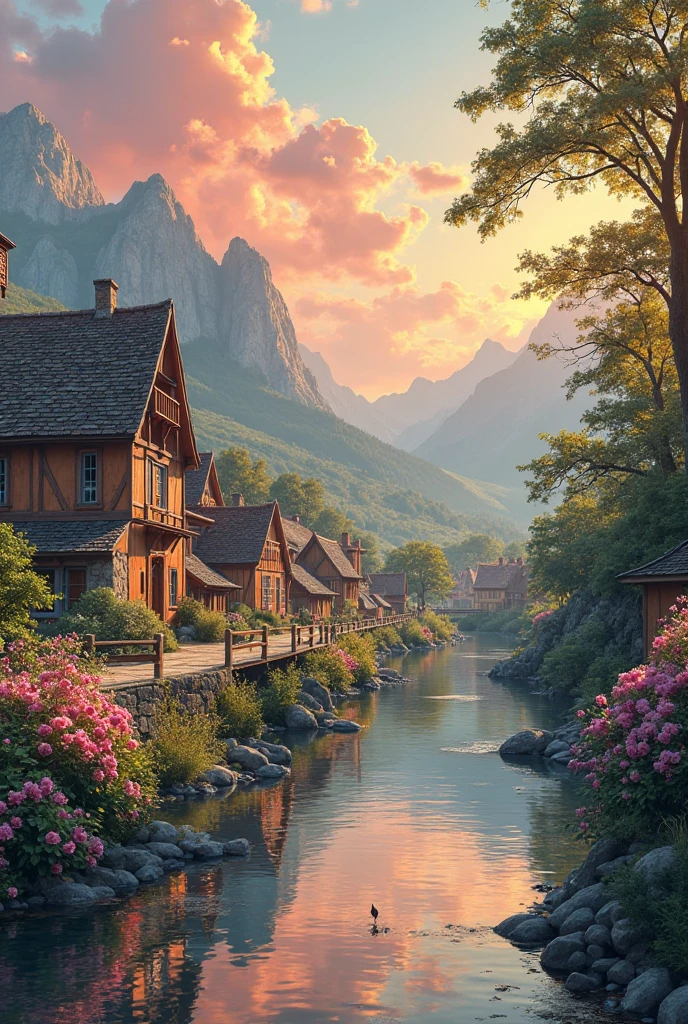 A small village by the river,The background is mountains,Flowers bloom,Vivid colors,Detailed scenery,Beautiful natural landscape,Ambiance Lighting,Scorching sunset,a warm color palette,utility,utility摄影,Delicate leaves,Complex architecture , cobblestone streets , charming country cottages , swirling bright colors, dense vegetation ,Still water reflections,picturesque,Leisure and tranquility,artwork of a,Best quality,8k,Extremely detailed,anime style